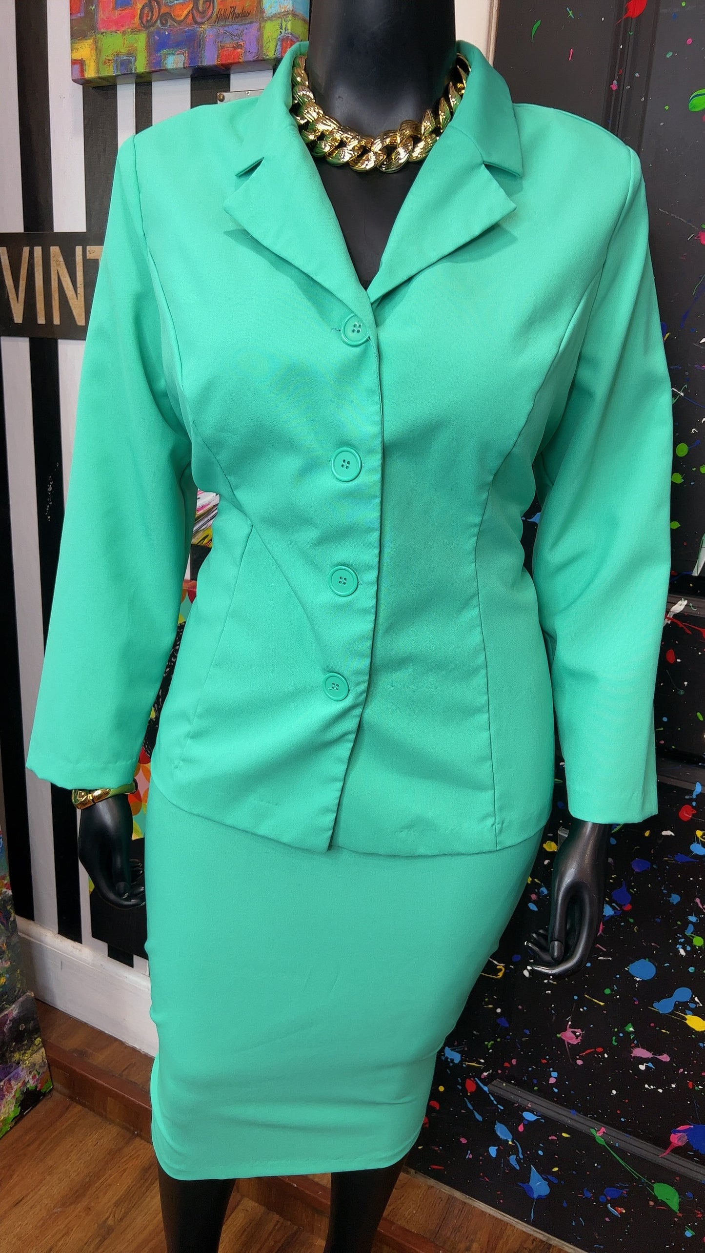 Vintage Teal Skirt & Blazer Suit (20W)