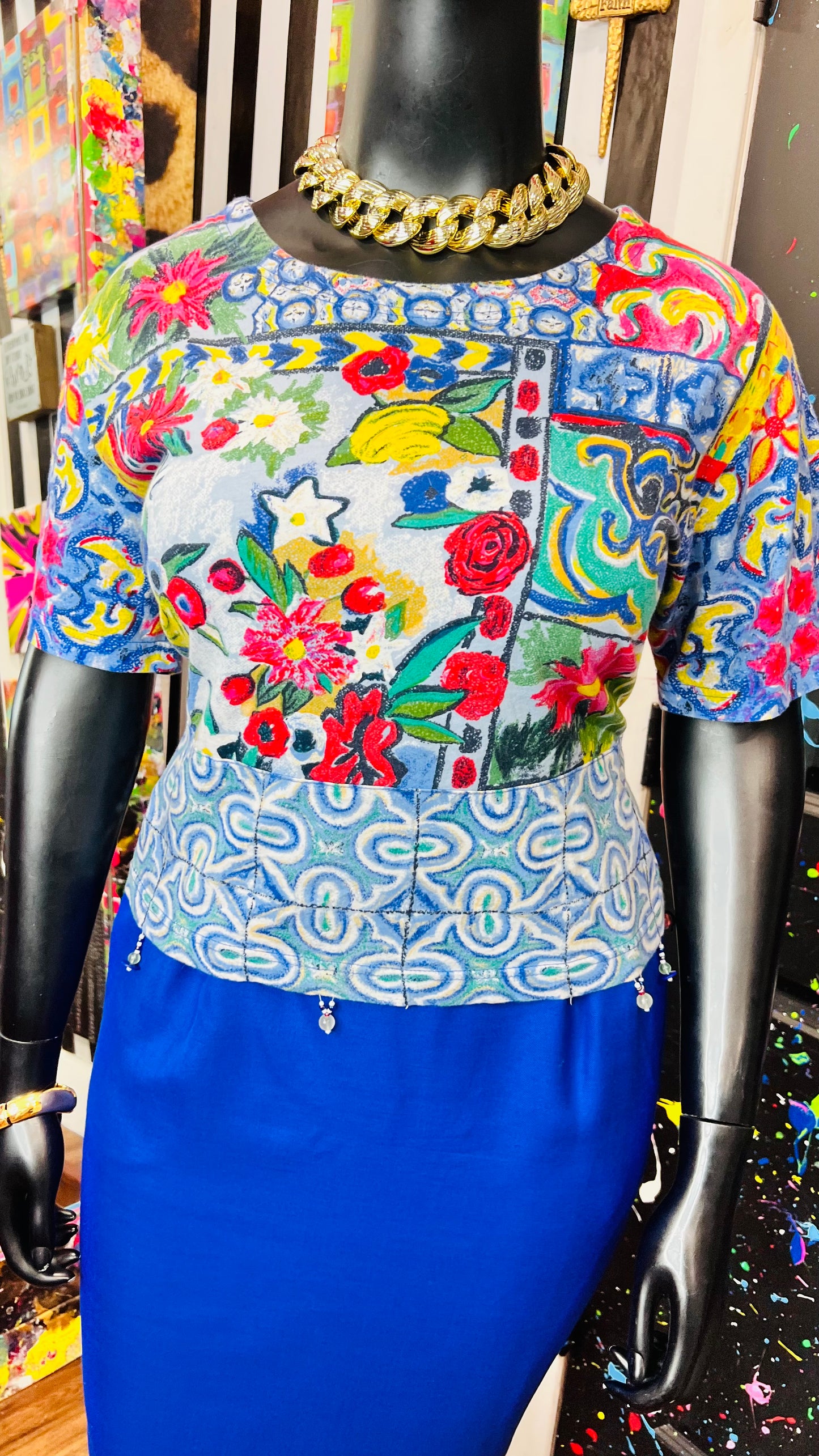 Vintage Carole Little Abstract Cotton Cropped Blouse (16/18)