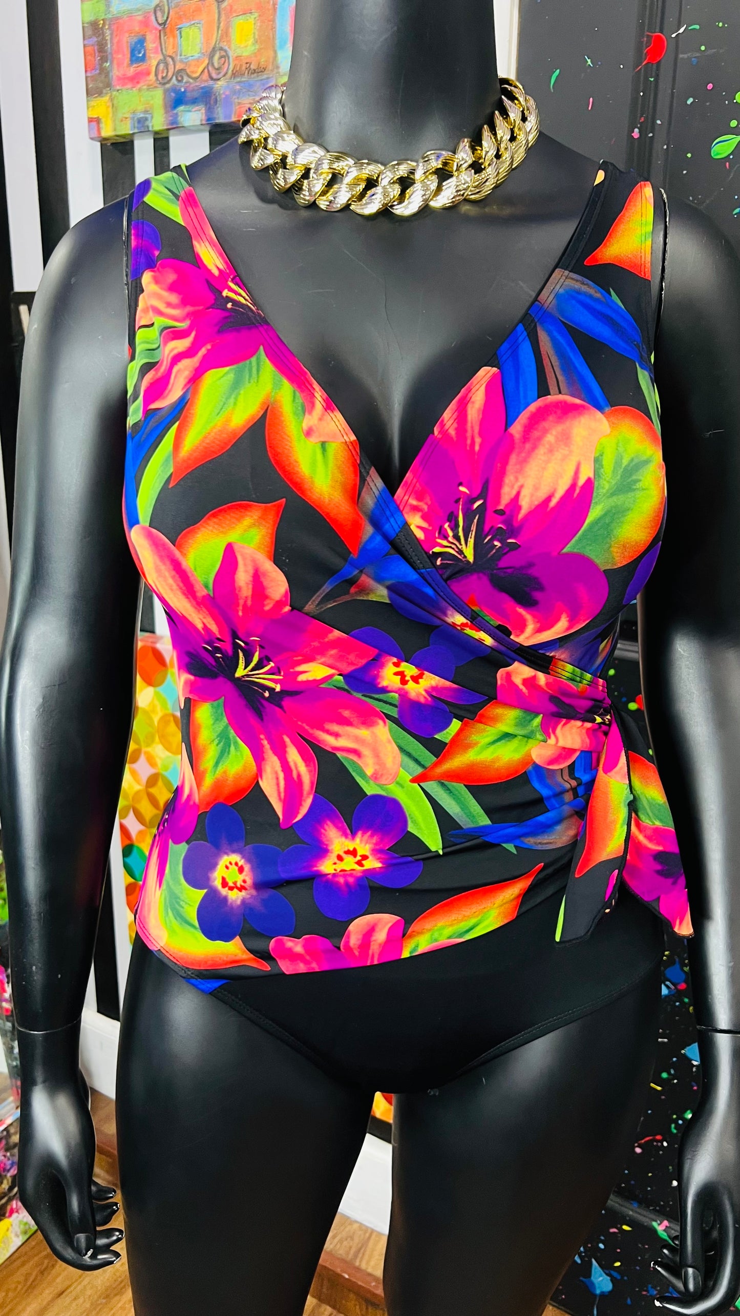 Vintage Black & Floral Neon Swimsuit (12)