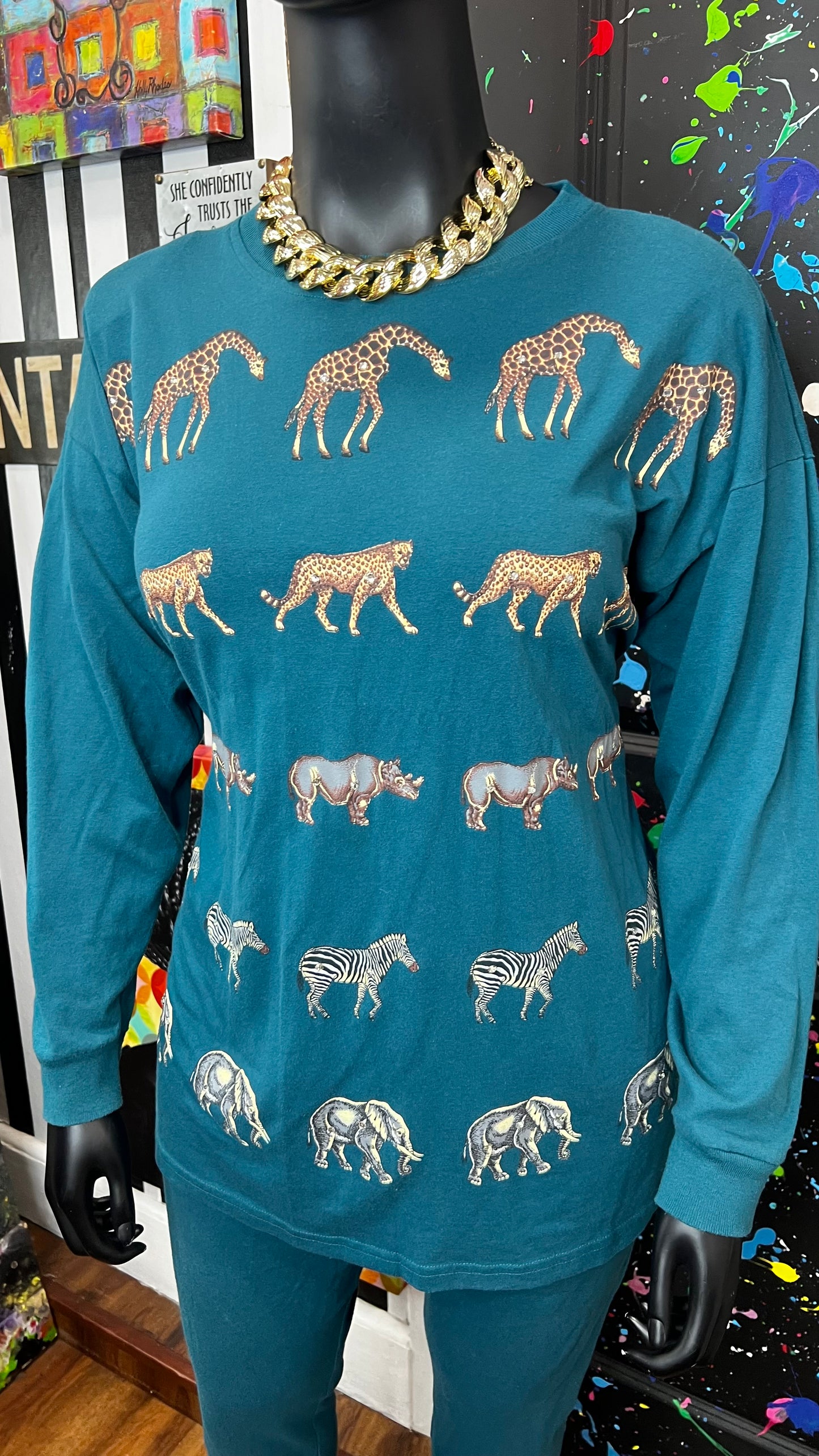 Vintage Cotton Animal Print & Jewel Top Pants Set