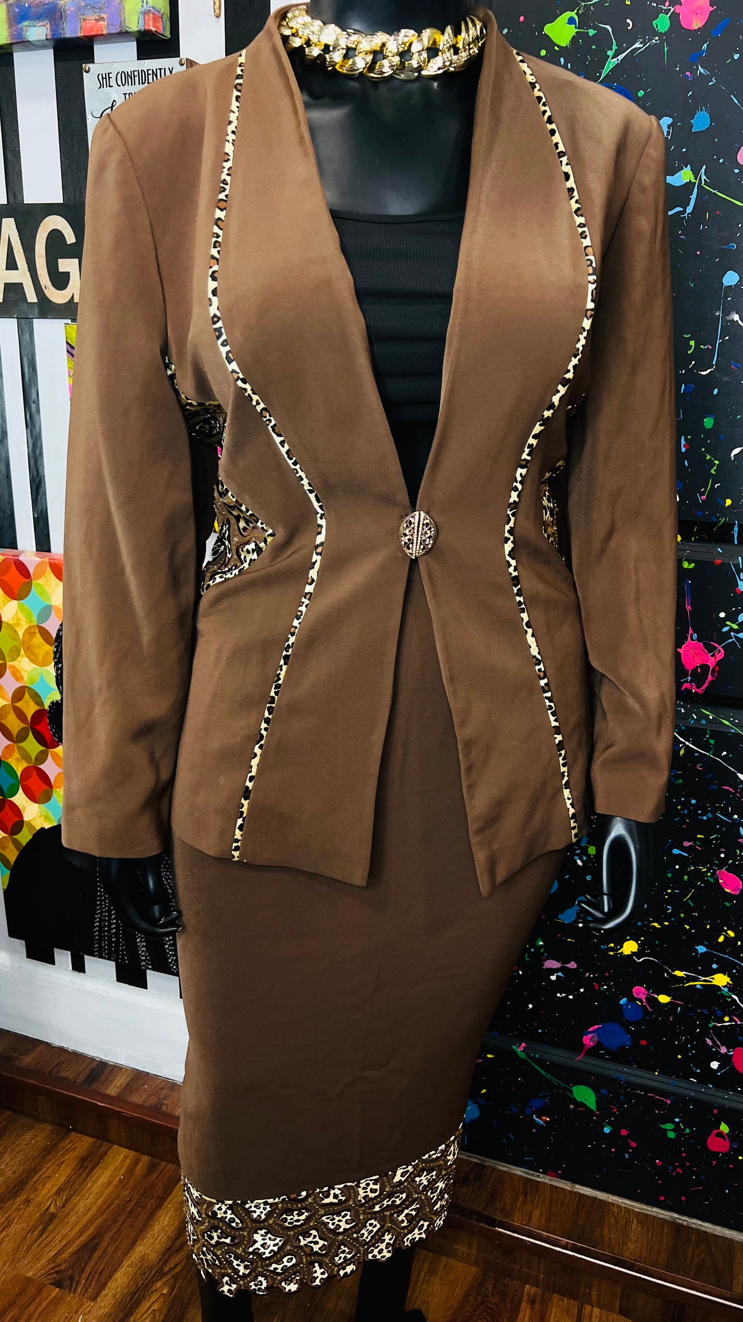 Vintage Chocolate & Animal Print Skirt Suit (18)
