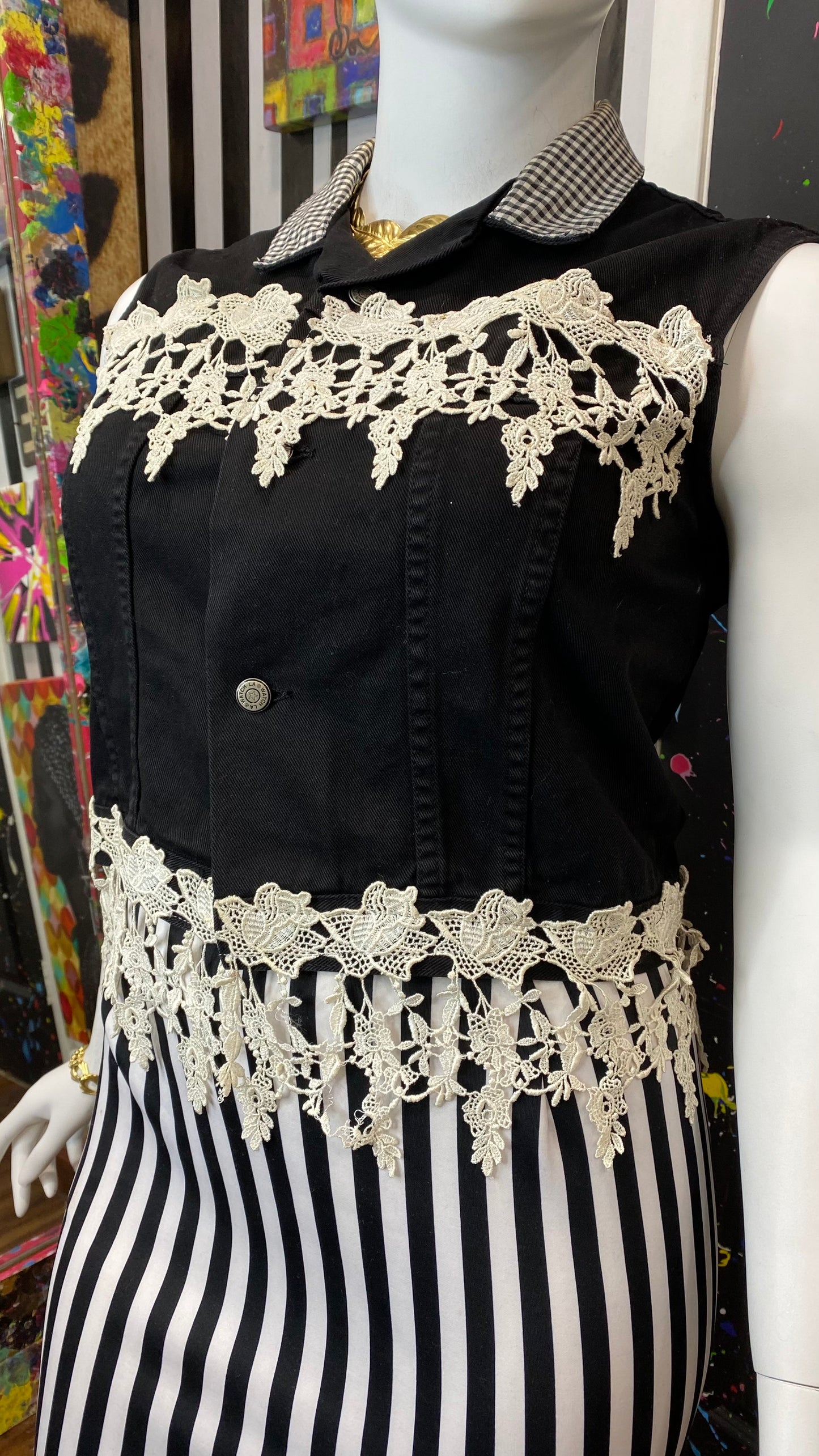 Vintage Black & White Denim & Lace Vest (14)