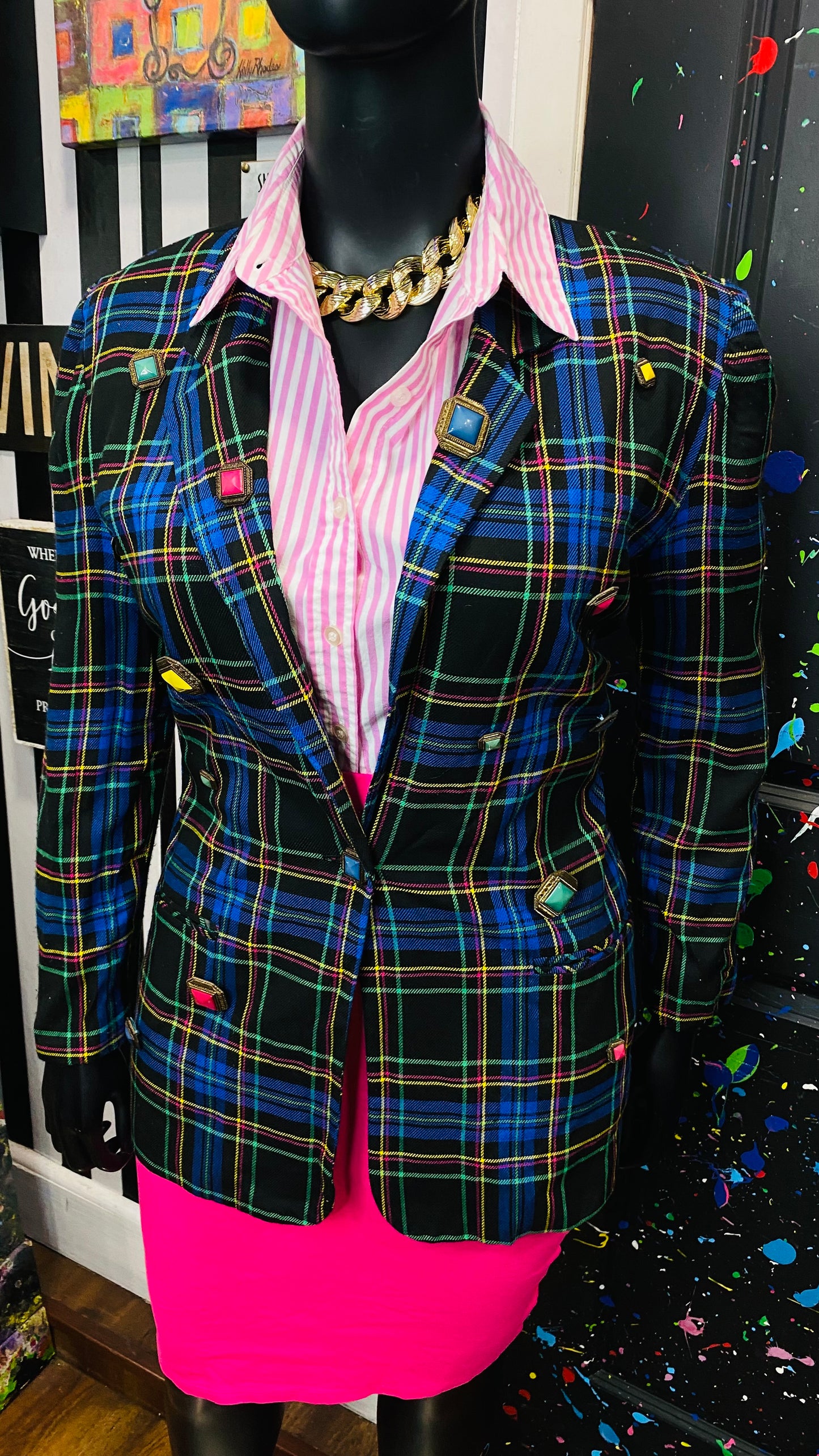 Plus Size Vintage Plaid Button Blazer (14)