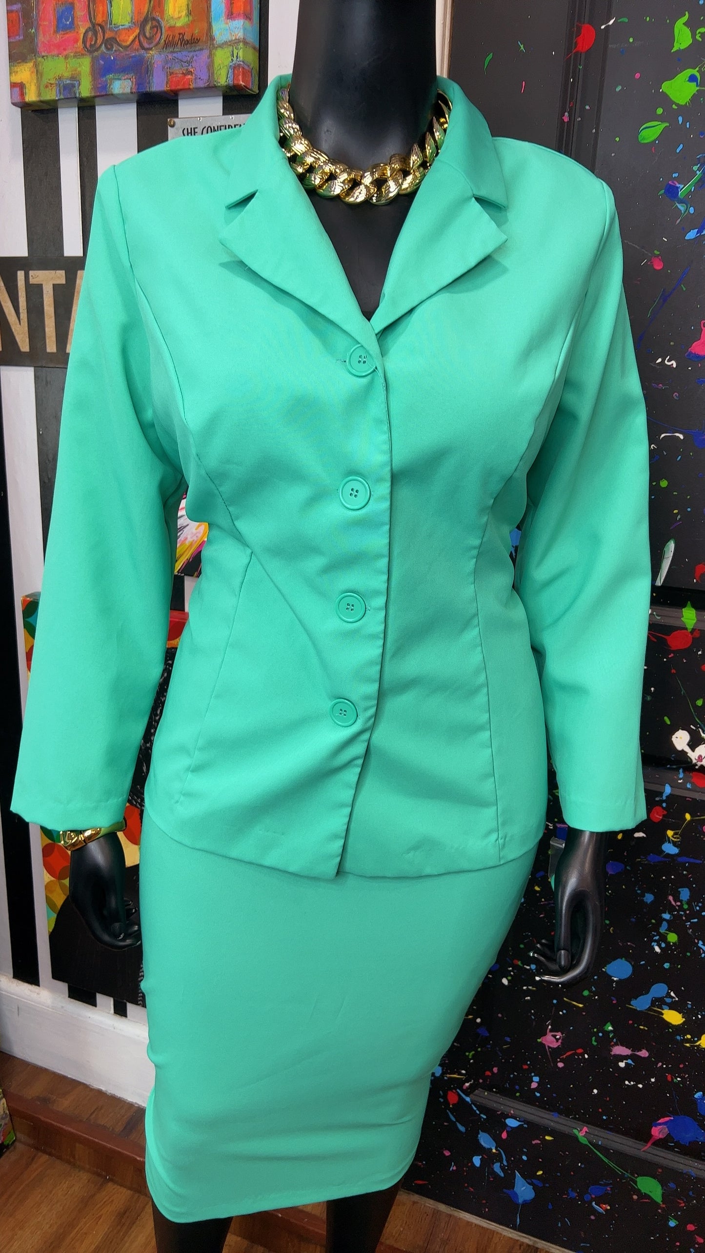 Vintage Teal Skirt & Blazer Suit (20W)