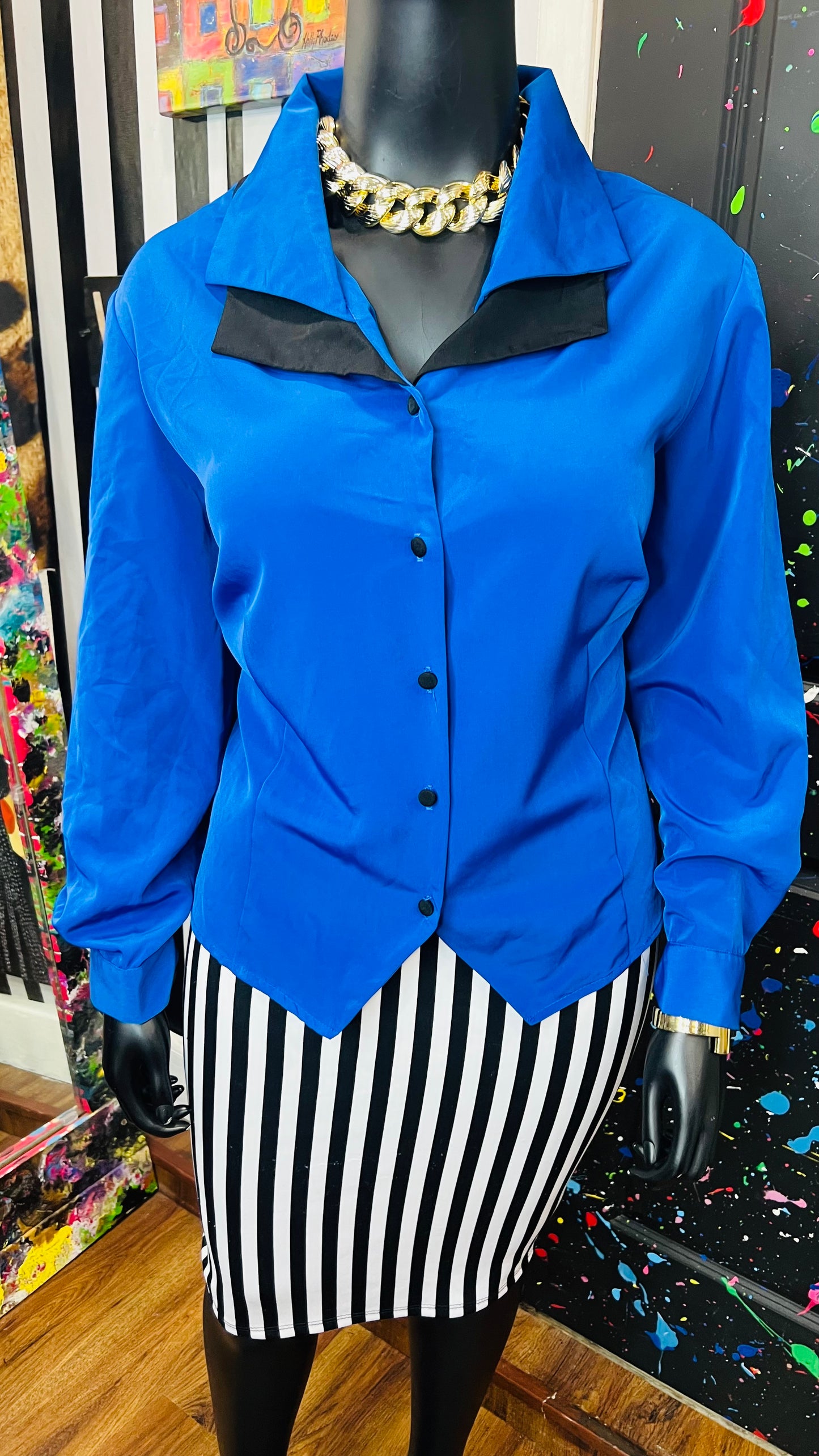 Vintage Blue & Black Blouse (24W)