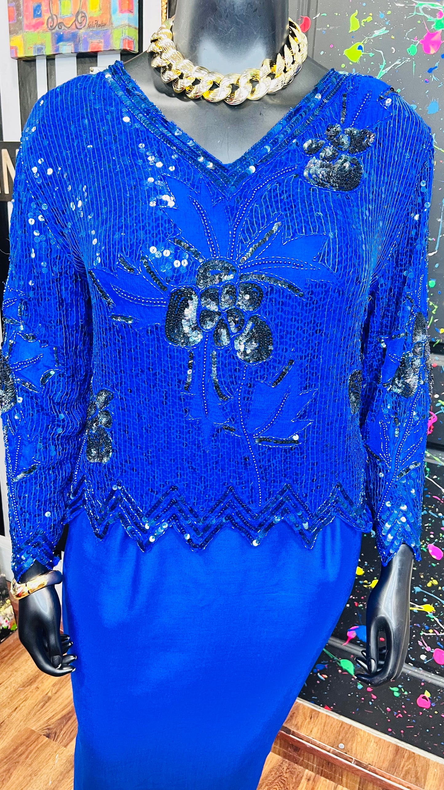 Vintage Blue & Black 100% Silk Sequin Blouse - Deadstock New w/Tags (18)