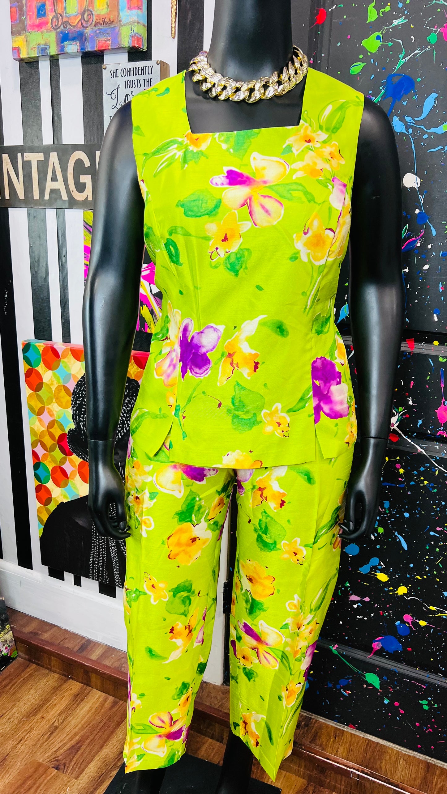 Vintage Green & Floral 3 Piece Pants Set (18W)