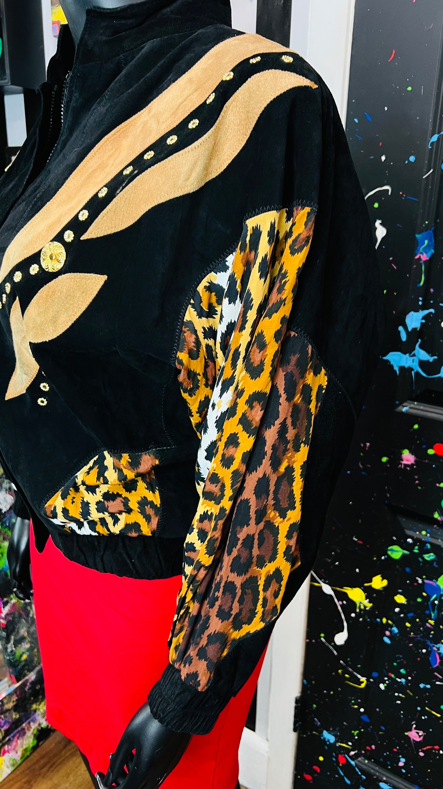 Vintage Genuine Suede Leather & Rayon Studded Animal Print Jacket (16/18)