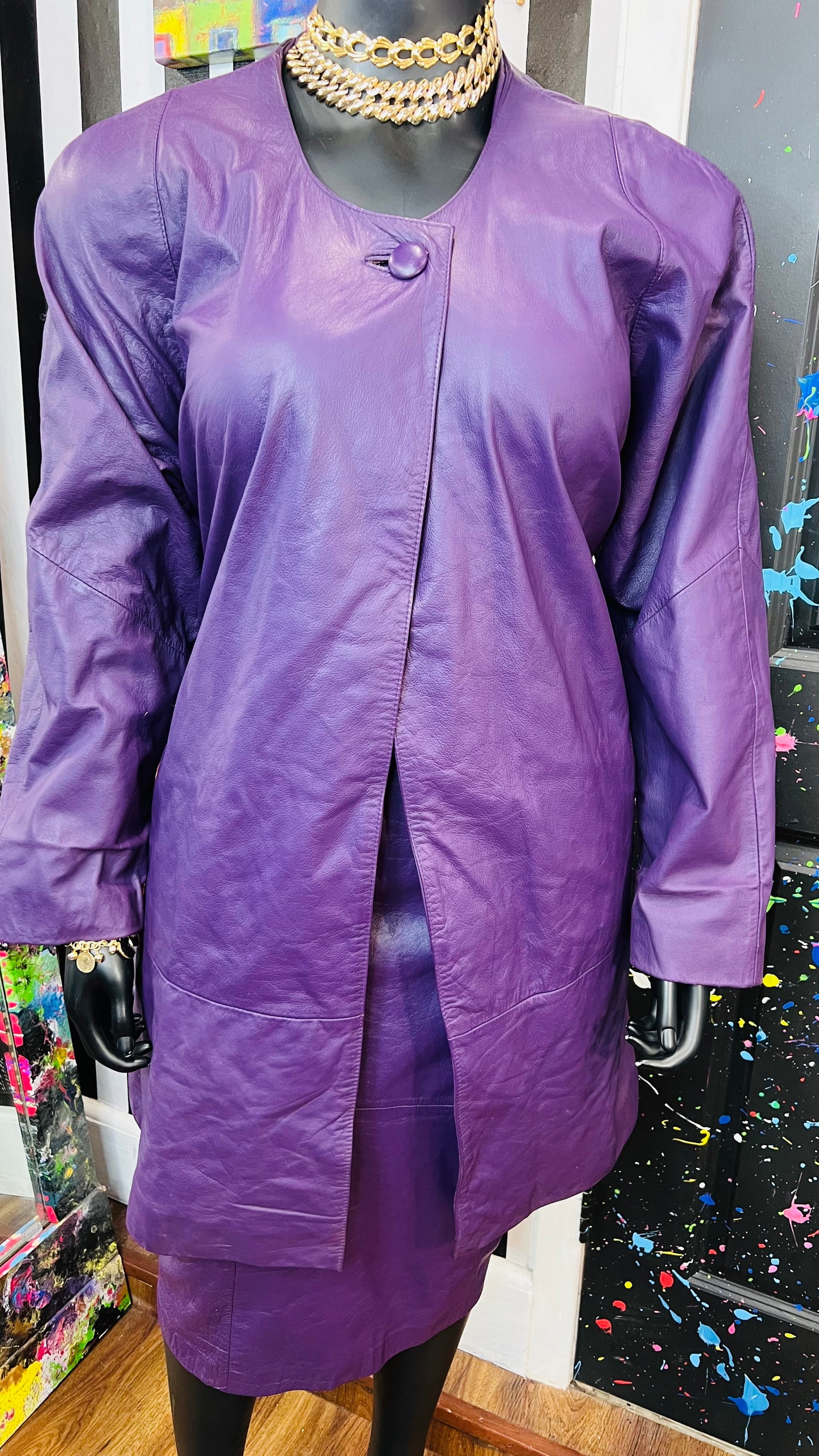 Vintage Genuine Leather Purple Swing Coat & Skirt Set (22)