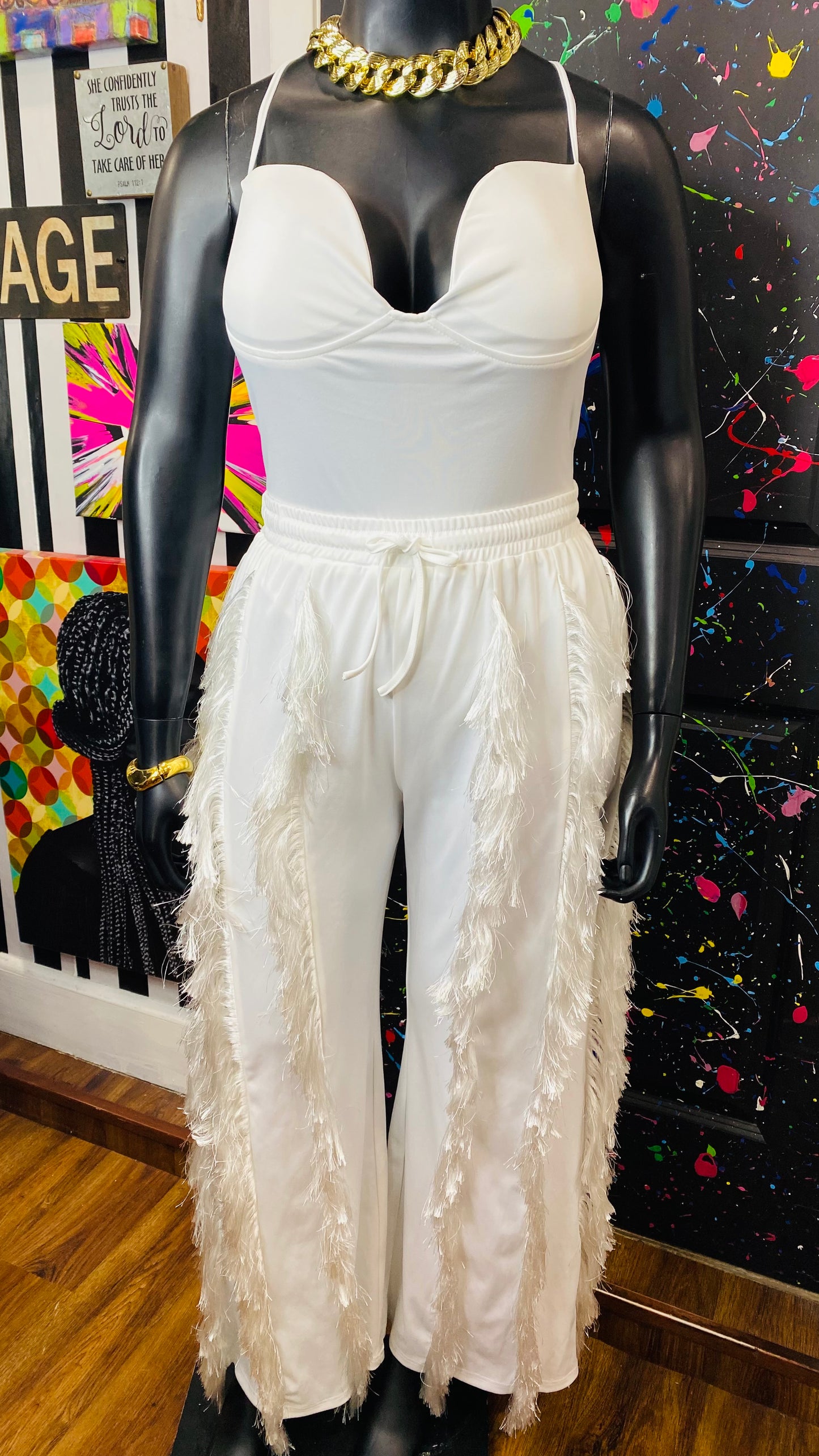 New w/ Tags White Fringe Body Suit & Pants (16)