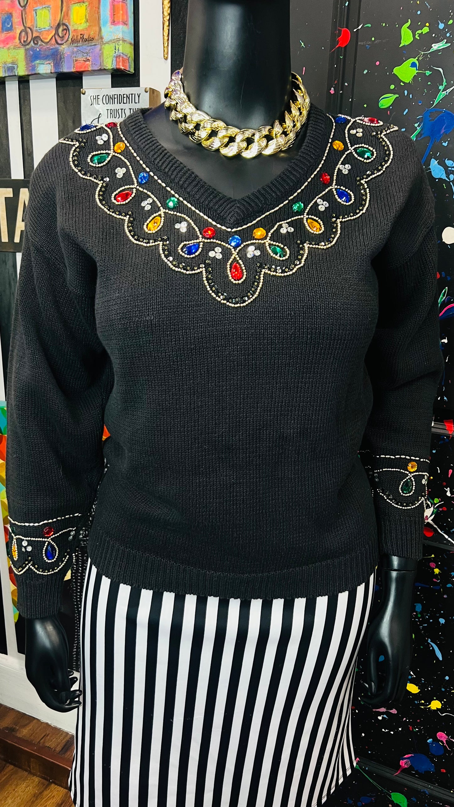 Vintage Black Knit Jeweled Sweater (16)