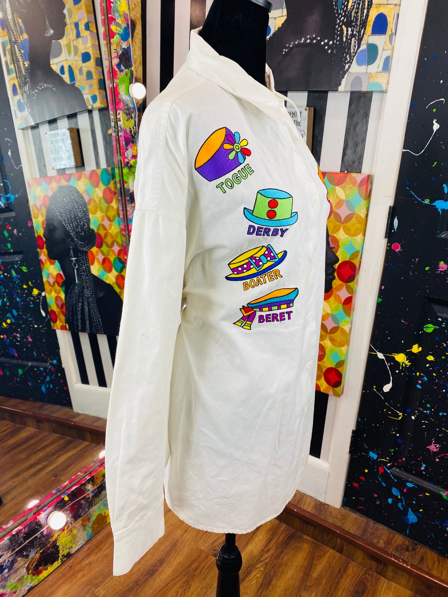 Vintage Hat Print Long Sleeve Blouse (22)