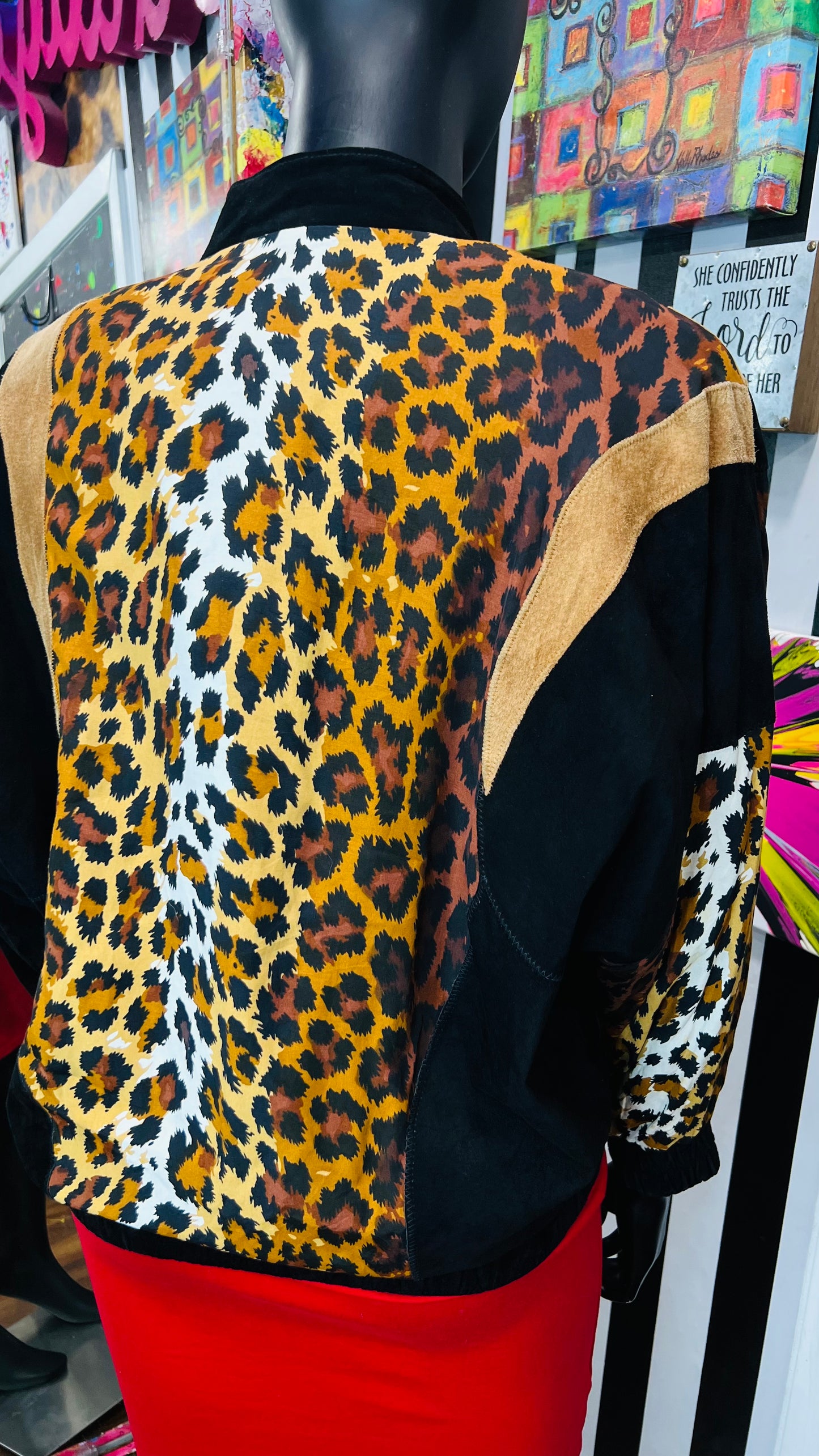 Vintage Genuine Suede Leather & Rayon Studded Animal Print Jacket (16/18)