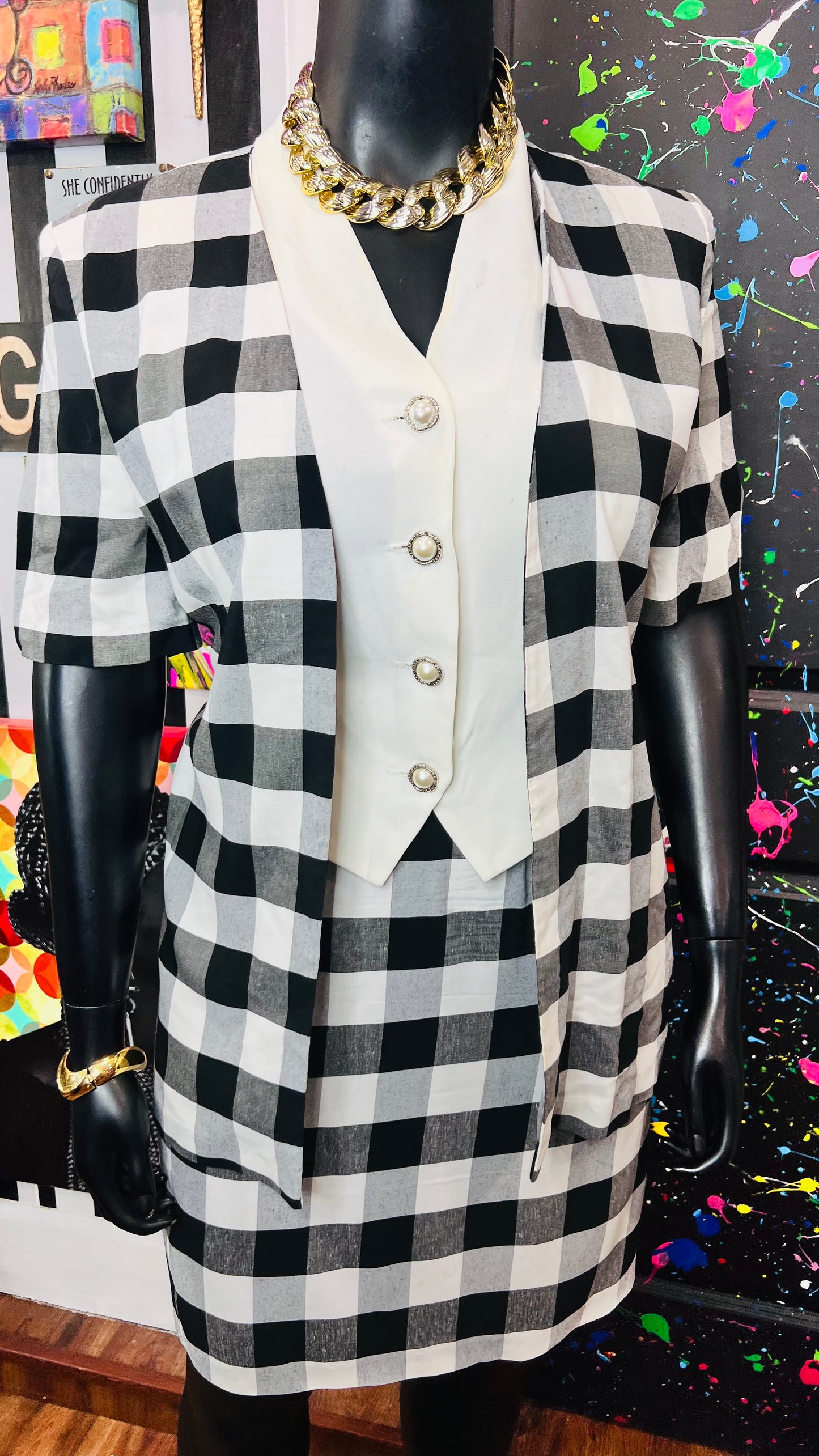 Vintage White & Black Checkered Skirt Suit (14)