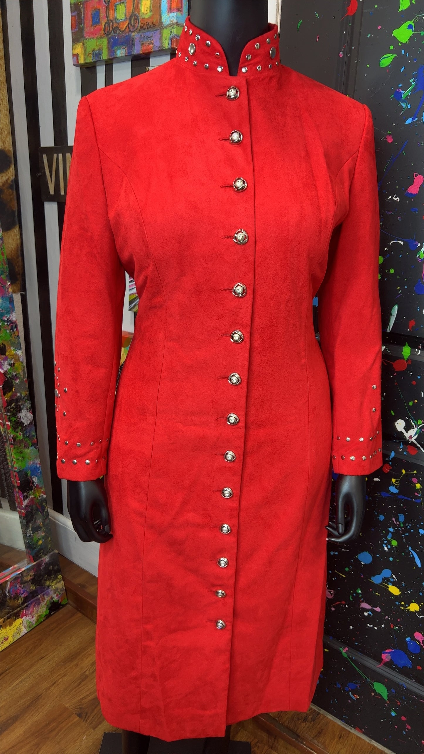 Vintage Studded Long Red Jacket & Skirt Suit (14W)