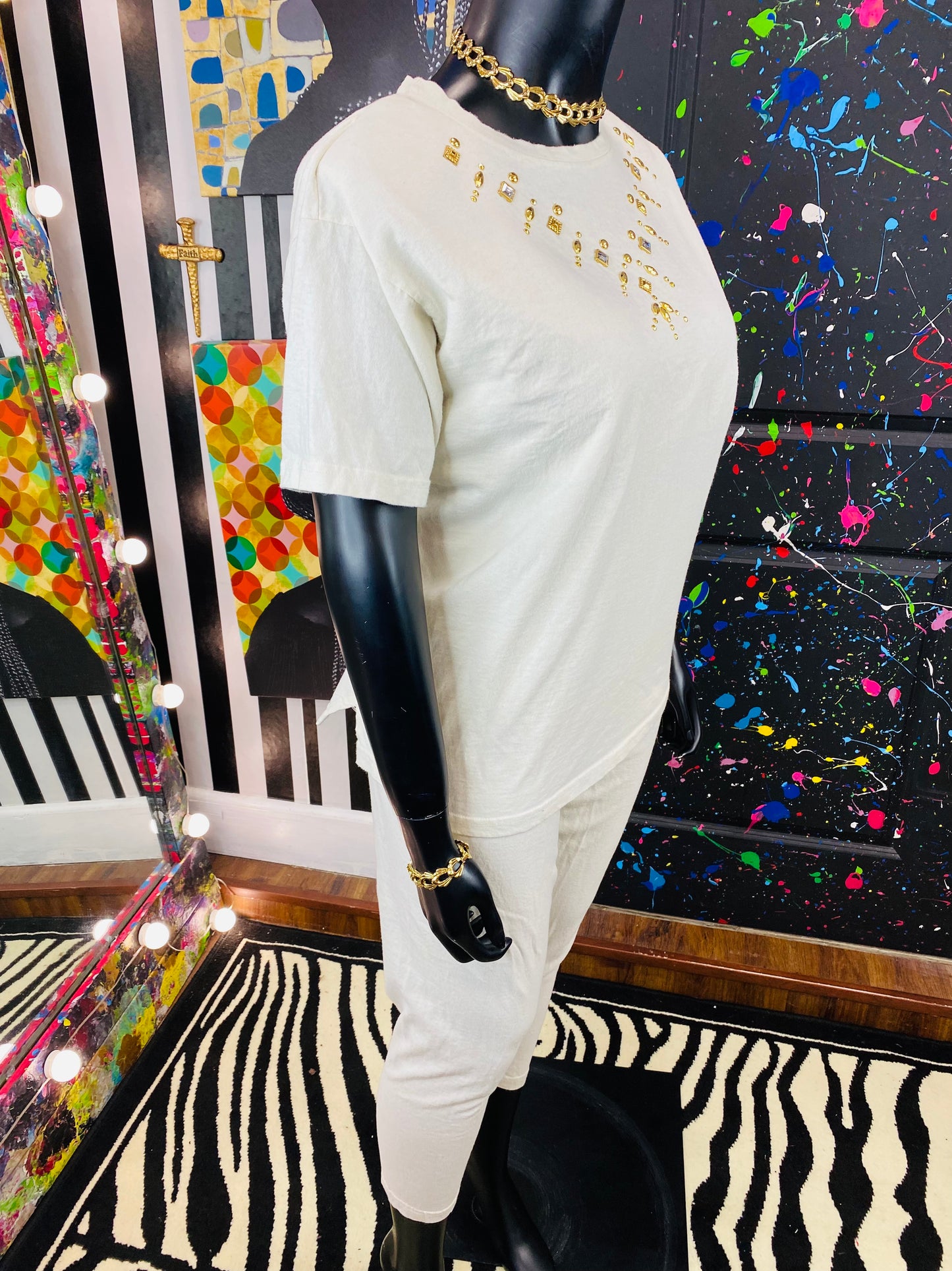 Vintage Cream Colored Gold Studded Pants Set