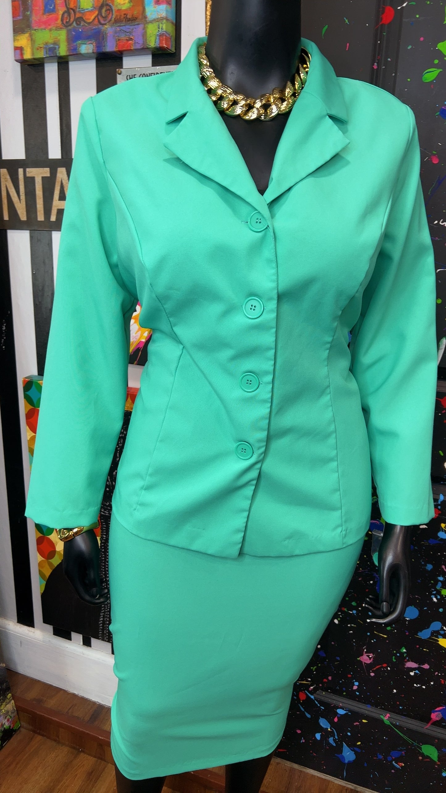 Vintage Teal Skirt & Blazer Suit (20W)