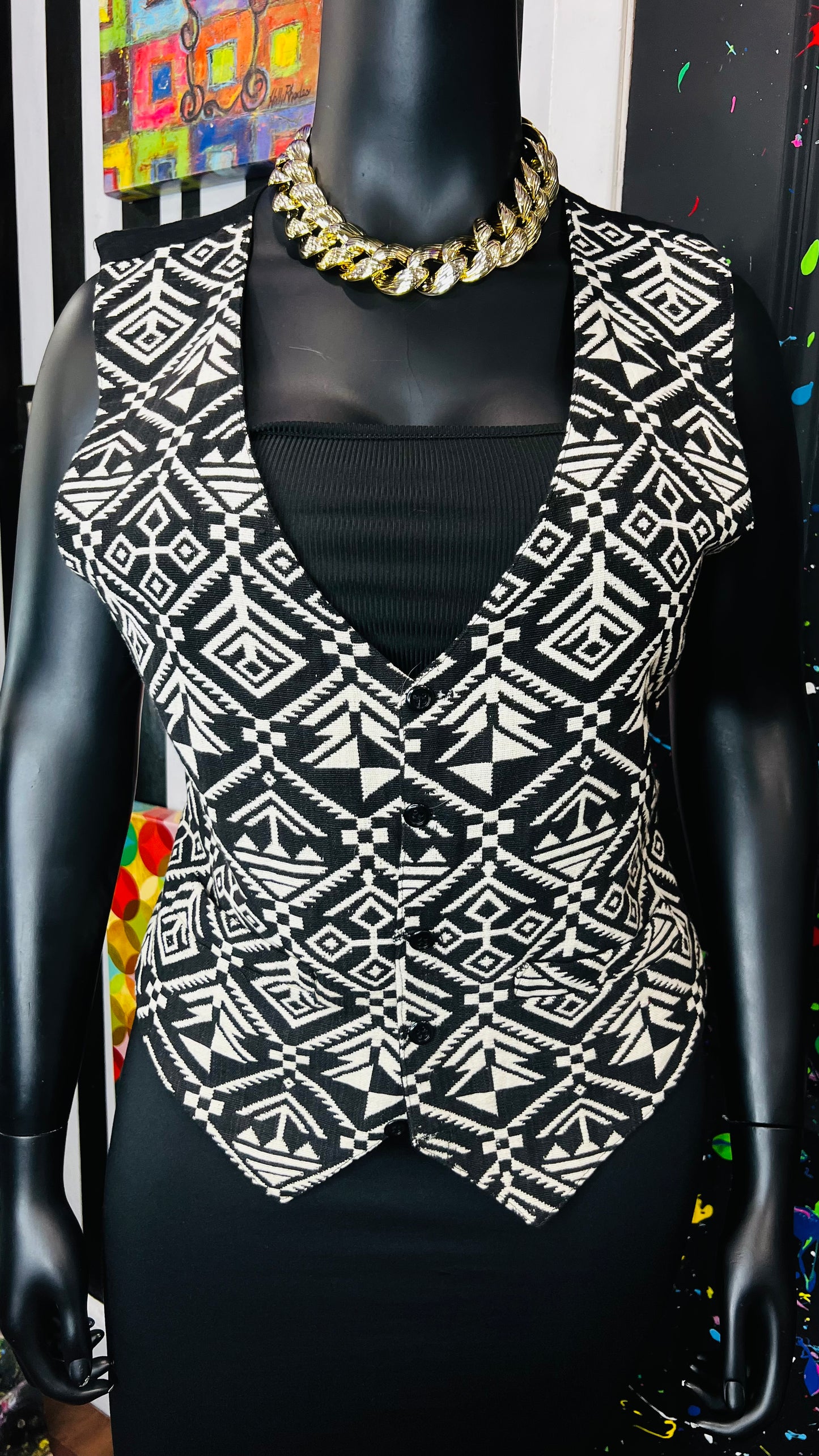 Vintage Black & White Tribal Print Vest (12)