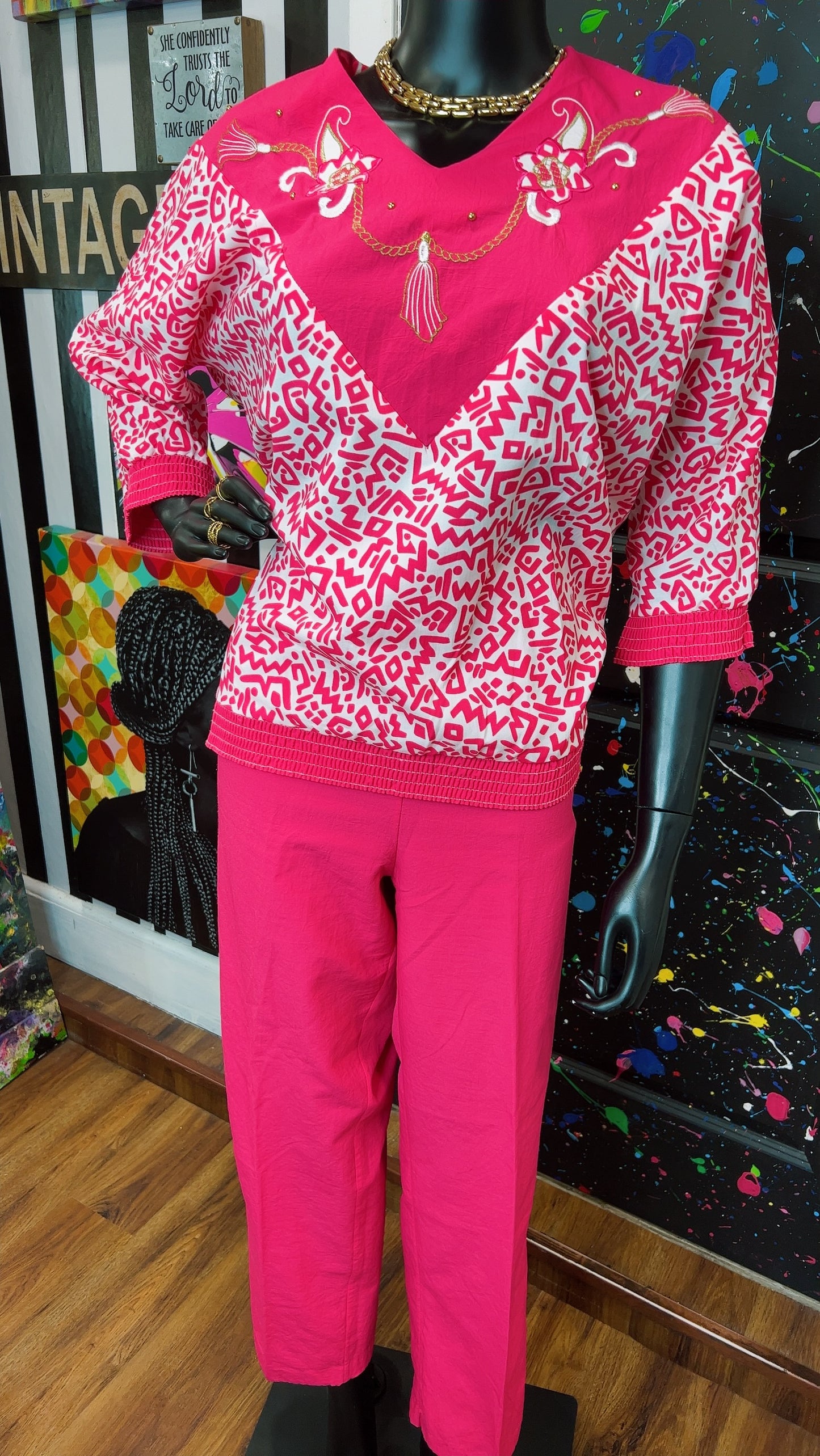 Vintage Pink & White Bonnie Pants Set (12/14)
