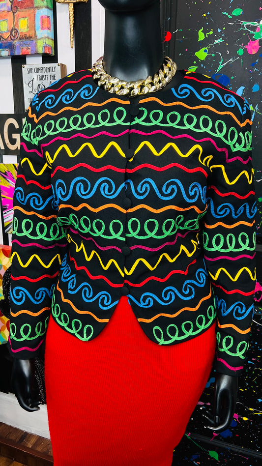 Vintage Colorblock Embroidered Cropped Blazer (22)