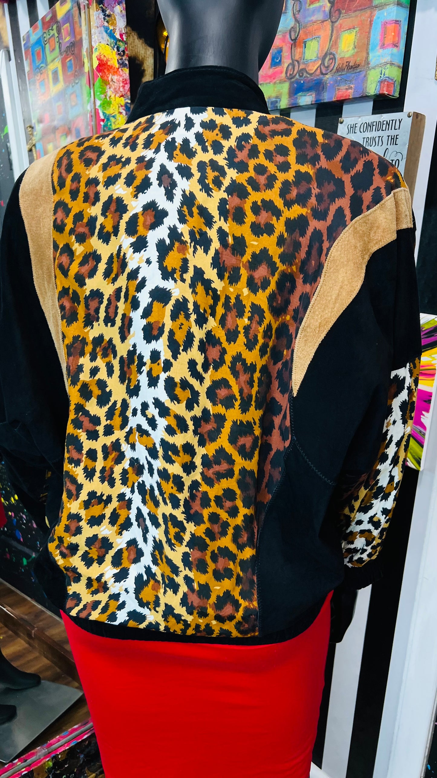 Vintage Genuine Suede Leather & Rayon Studded Animal Print Jacket (16/18)