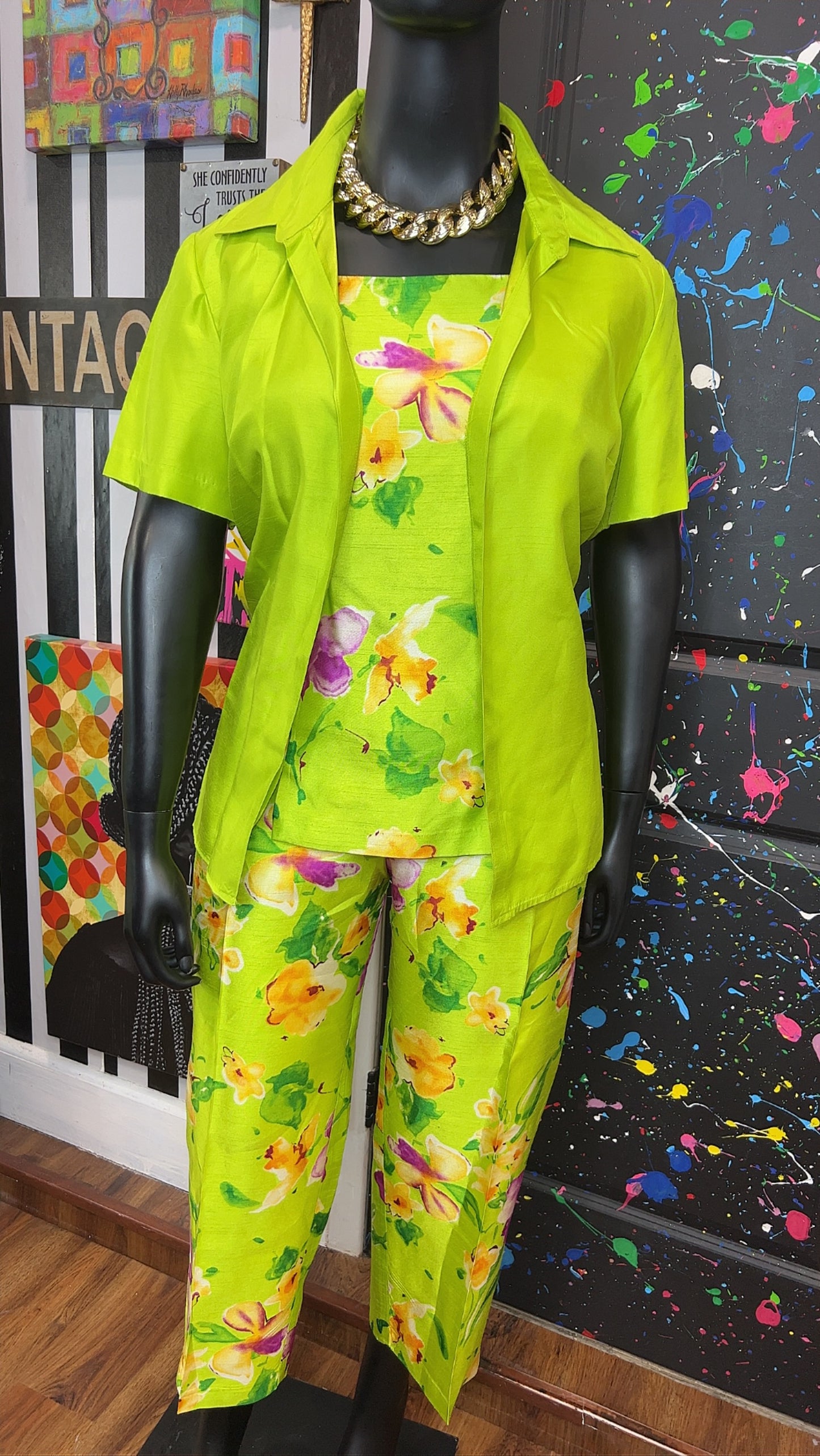 Vintage Green & Floral 3 Piece Pants Set (18W)