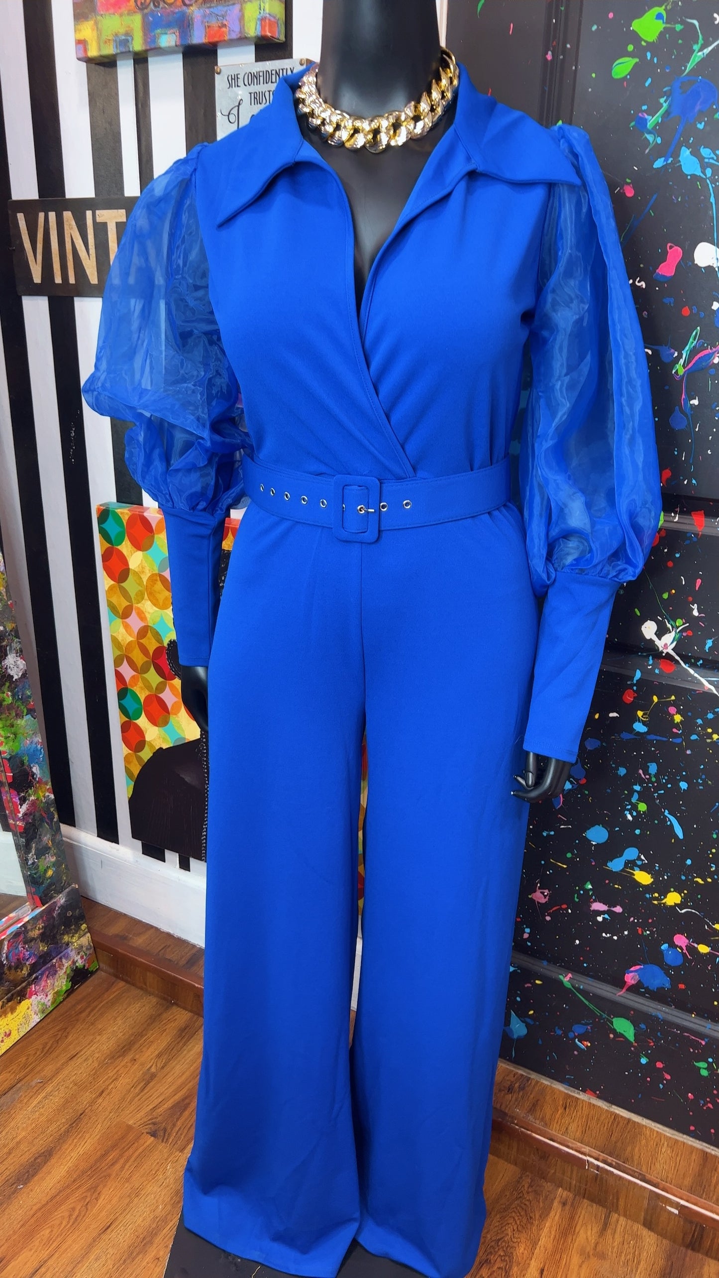 Cobalt Blue Sheer Arms Jumpsuit -New w/ Tags (14/16)