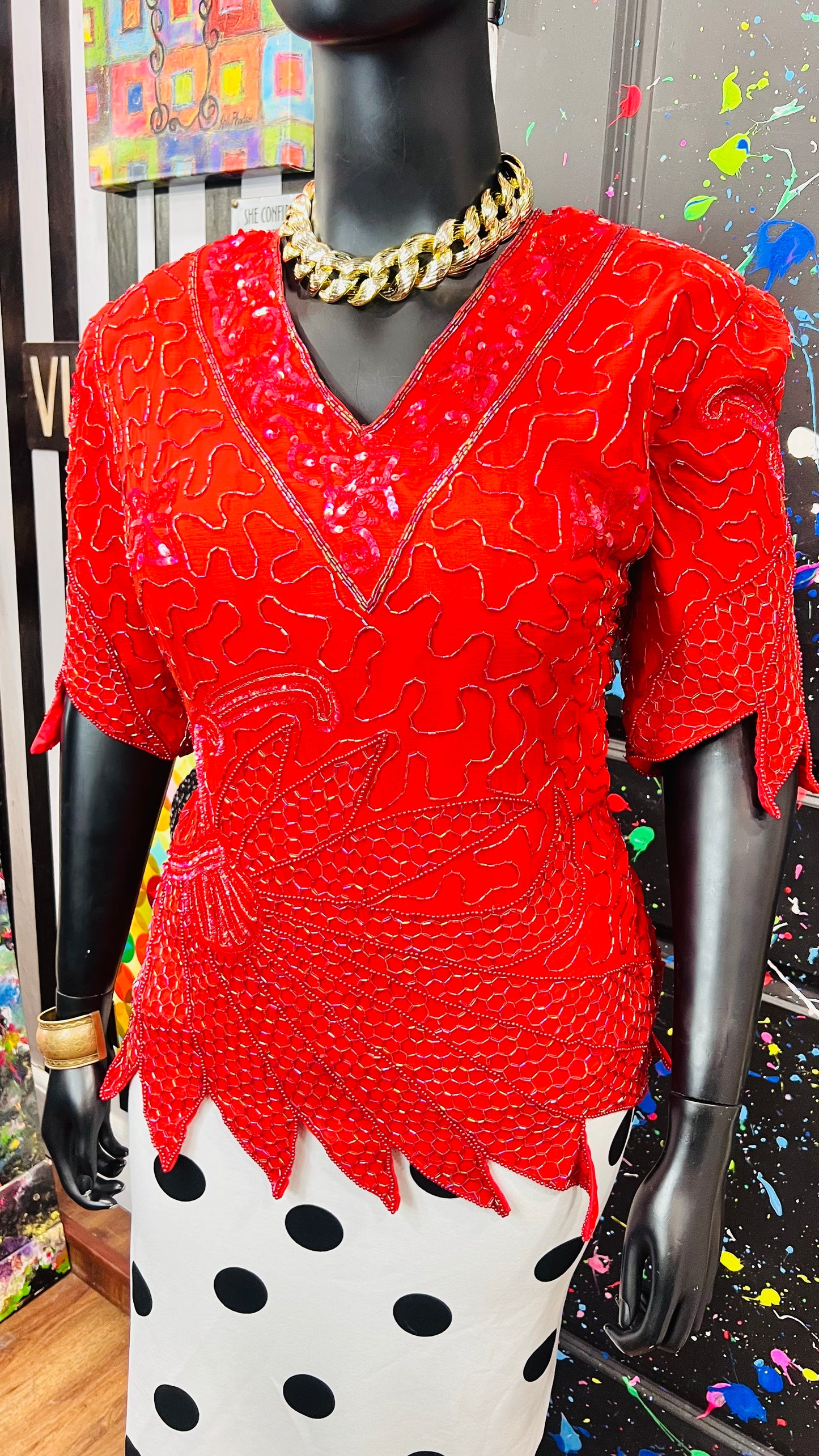 Vintage 100% Silk Red Sequin Blouse (24)