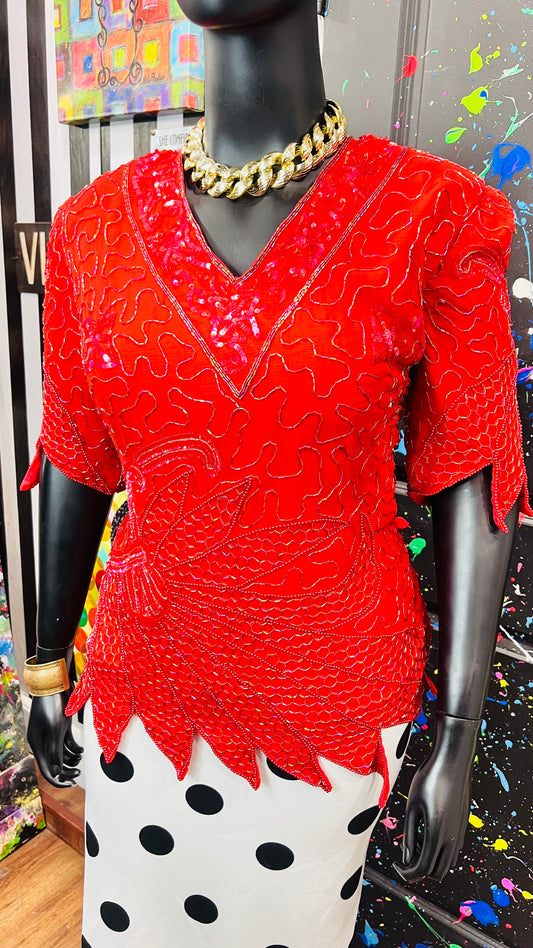 Vintage 100% Silk Red Sequin Blouse (24)