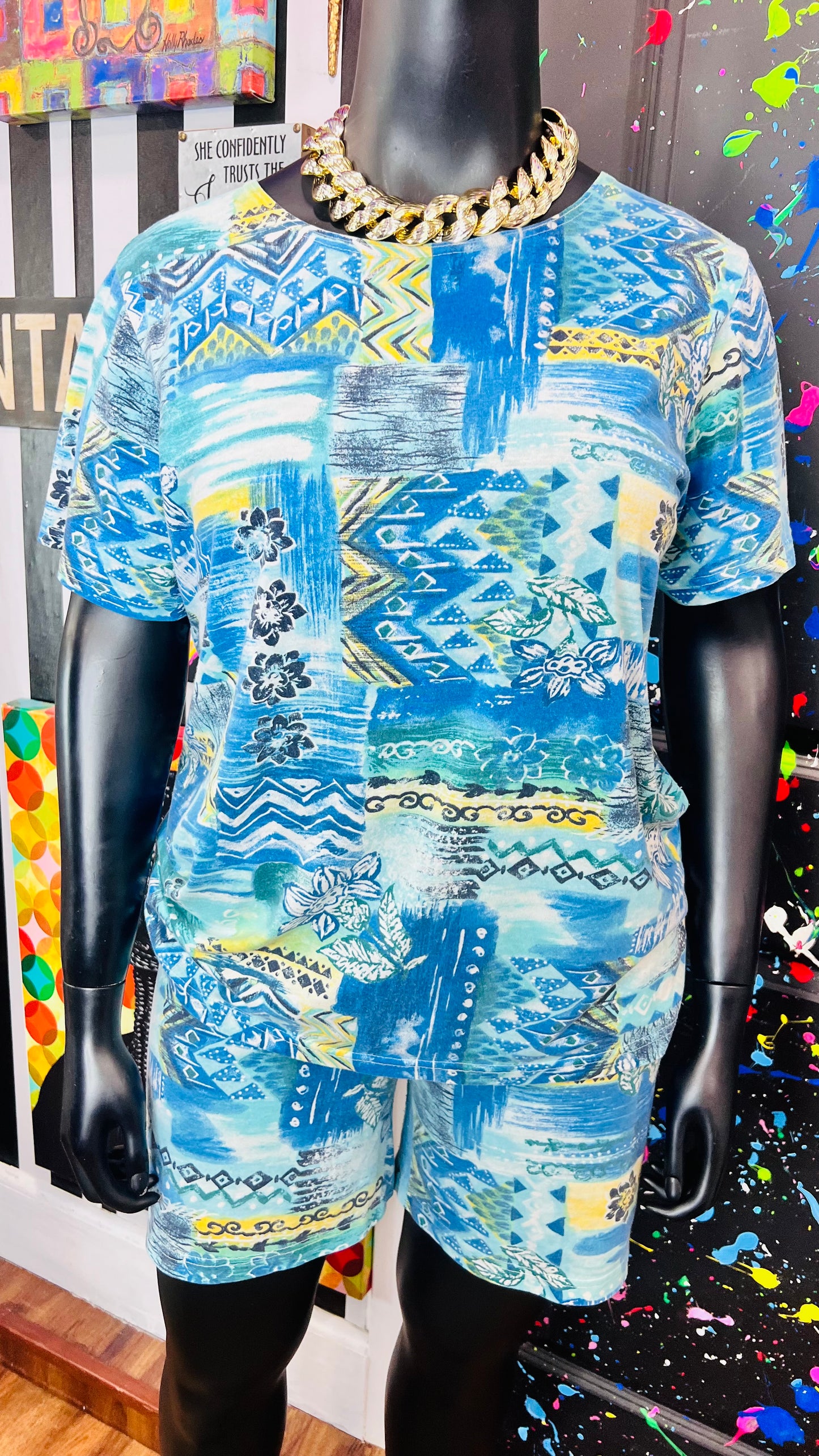 Vintage Cotton Blue Abstract Short Set (18)