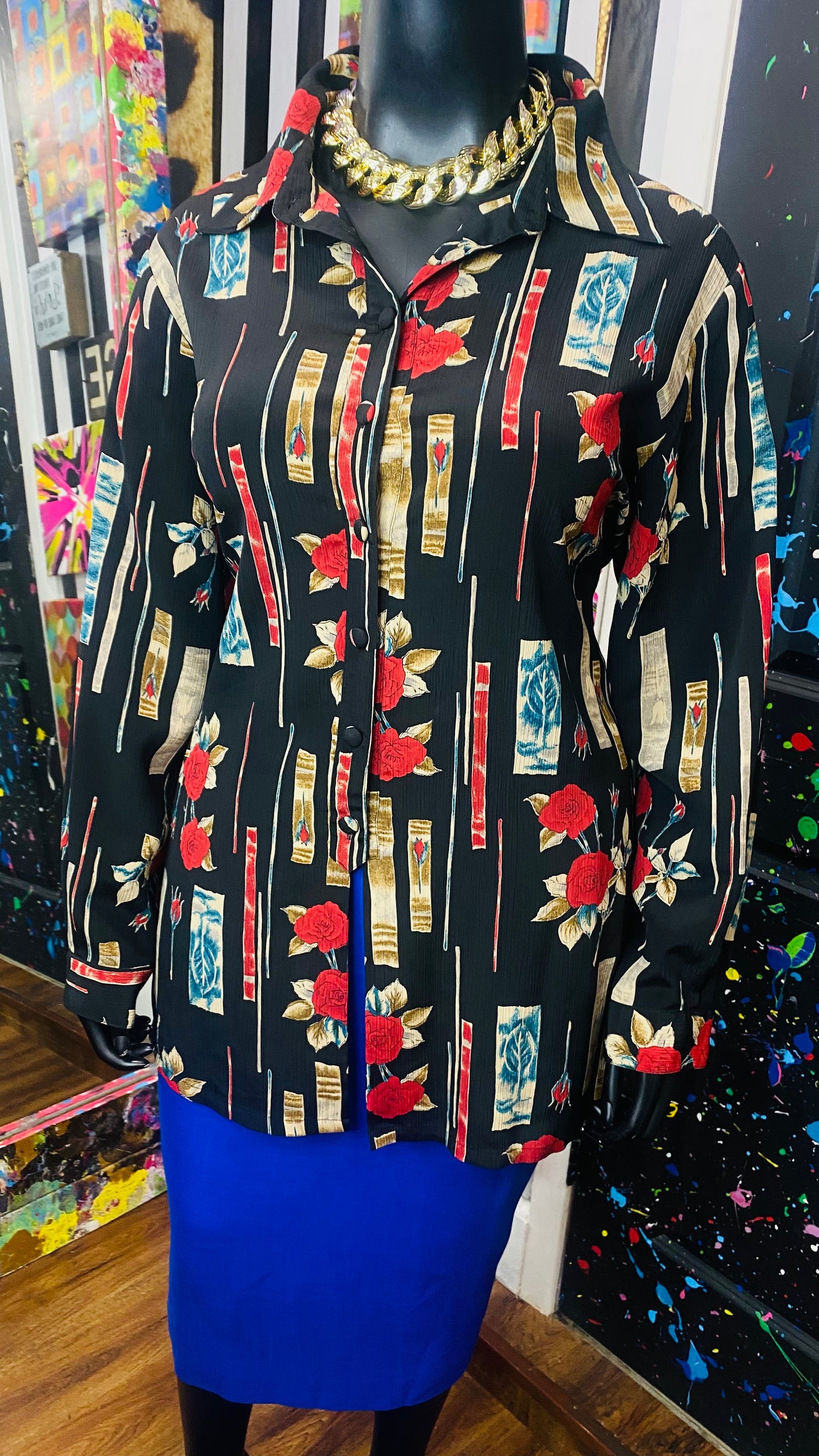 Vintage Black Blue & Red Rose Blouse (22)