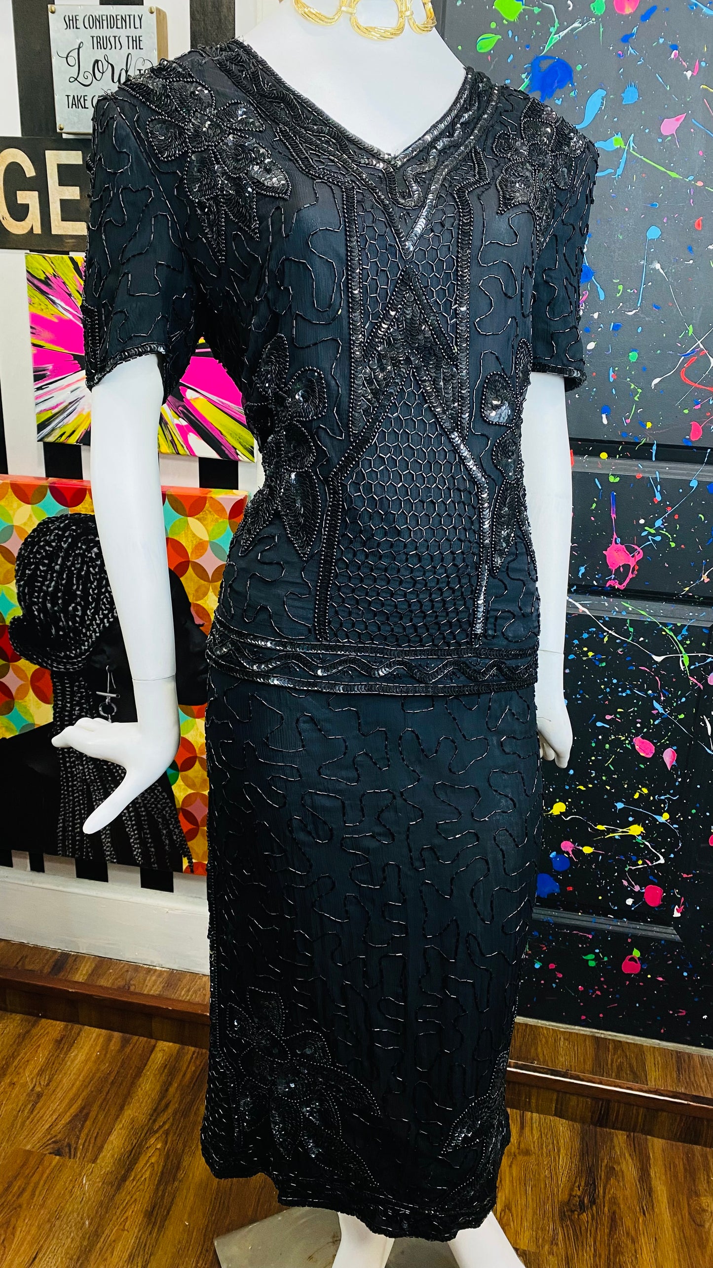 Vintage Black Sequin Skirt Suit (14)