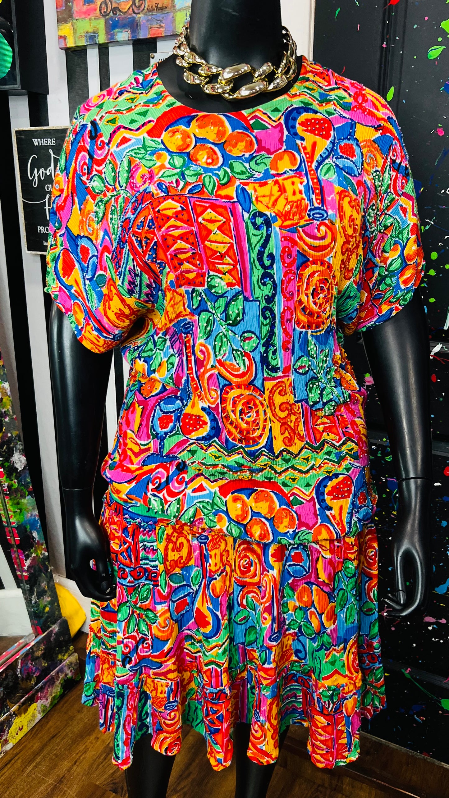 Vintage Sequin Rayon Floral Skirt Set (16) *KC