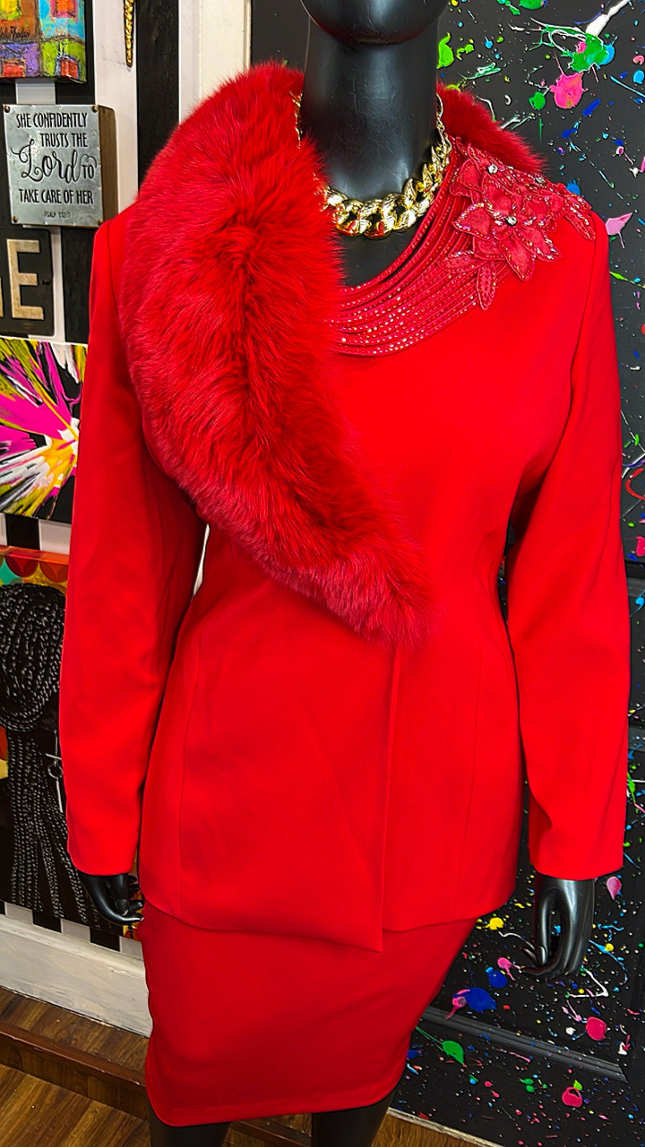 Vintage Couture Red Faux Fur Skirt Suit (20)