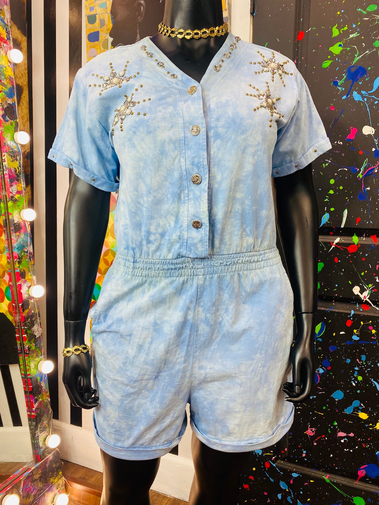Vintage Denim Jewel Studded Romper