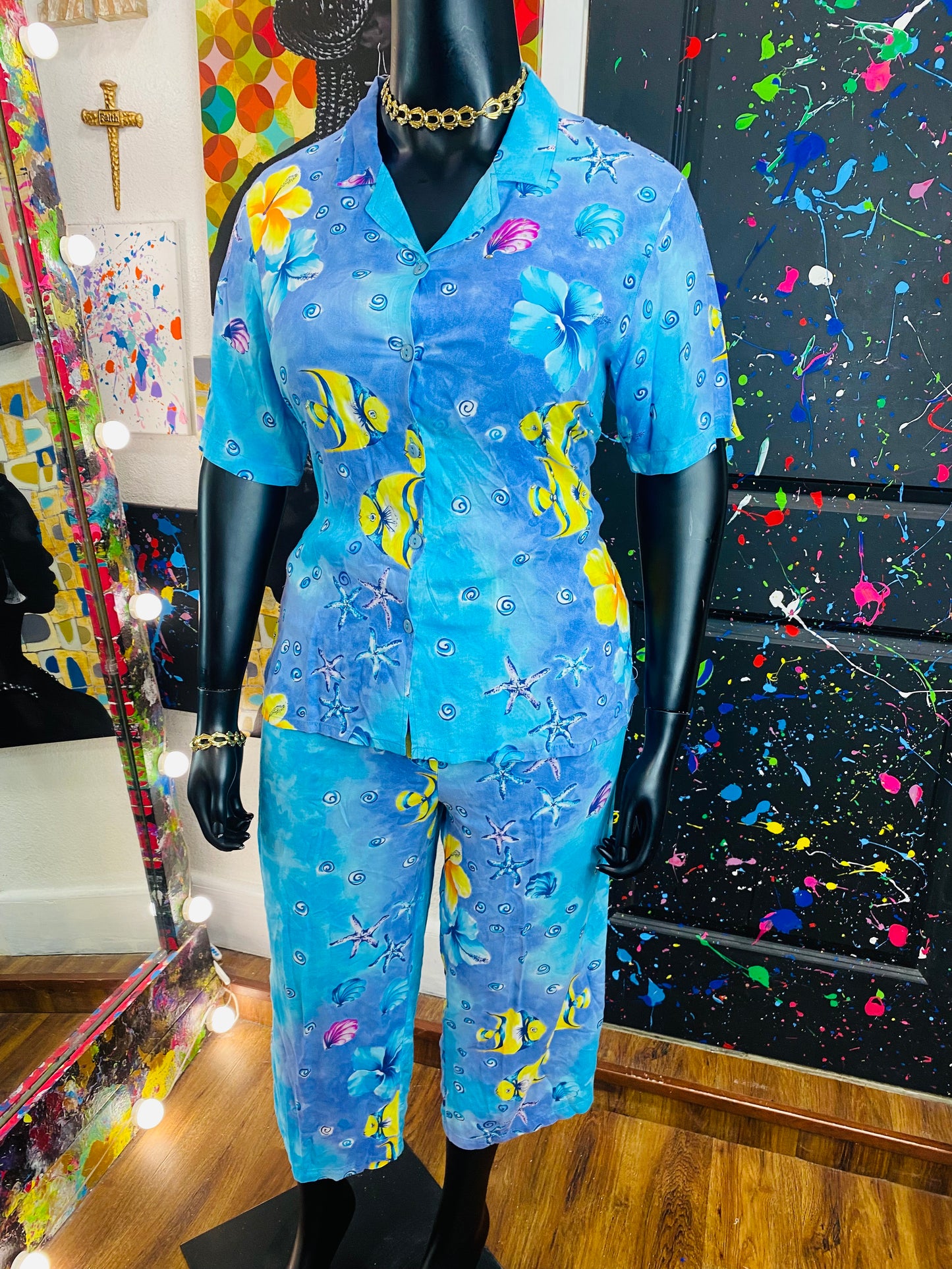 Vintage 2pc  Aqua & Studded Gauchos Set