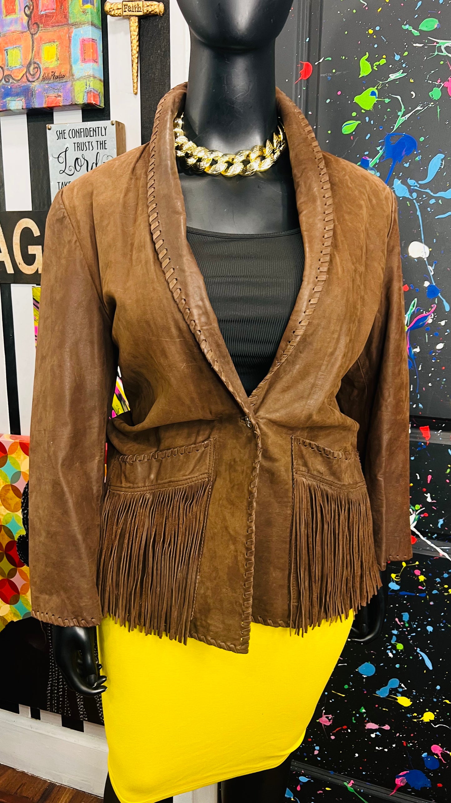 Vintage Genuine Leather Brown Fringe Blazer (18)