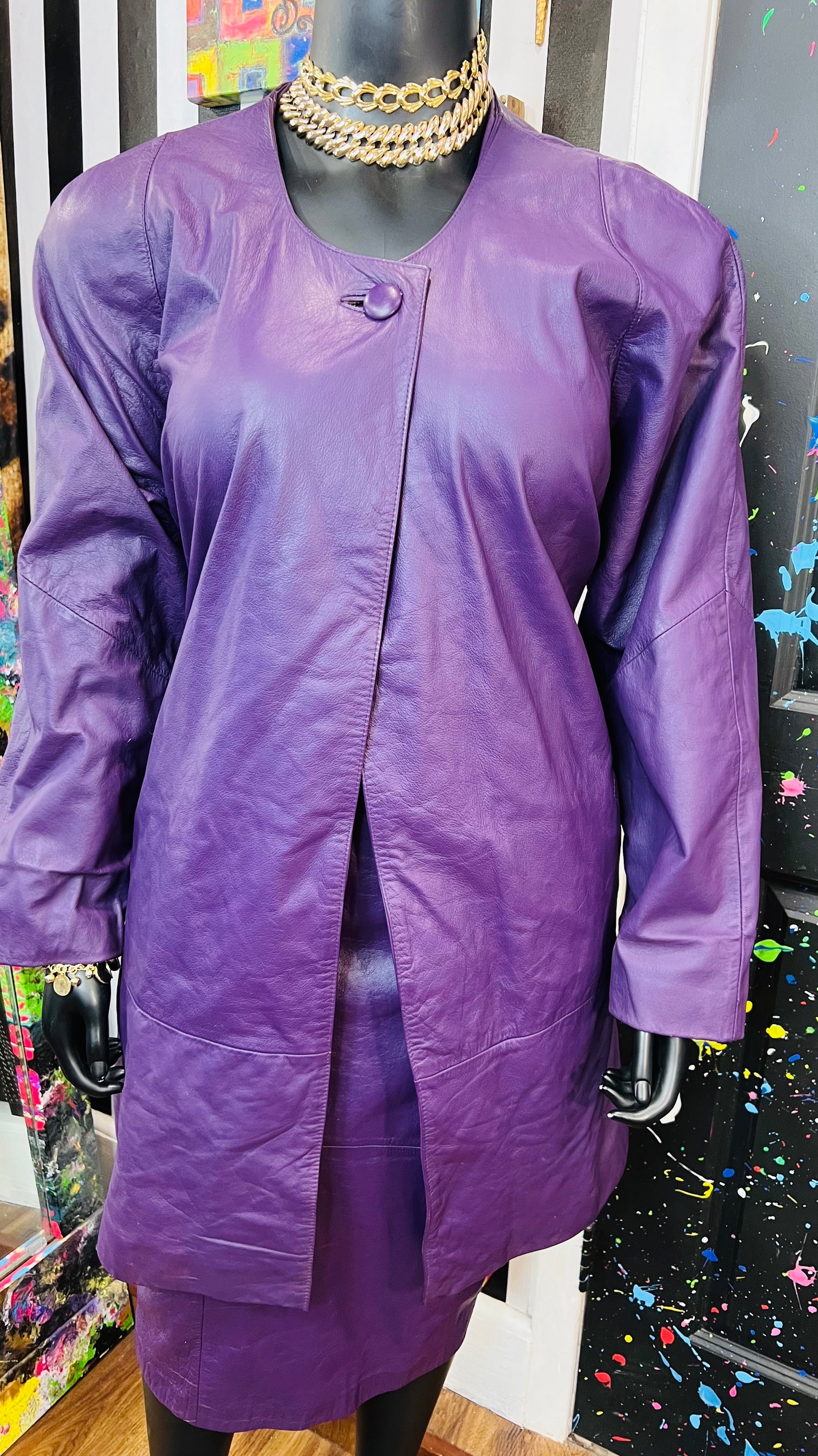 Vintage Genuine Leather Purple Swing Coat & Skirt Set (22)