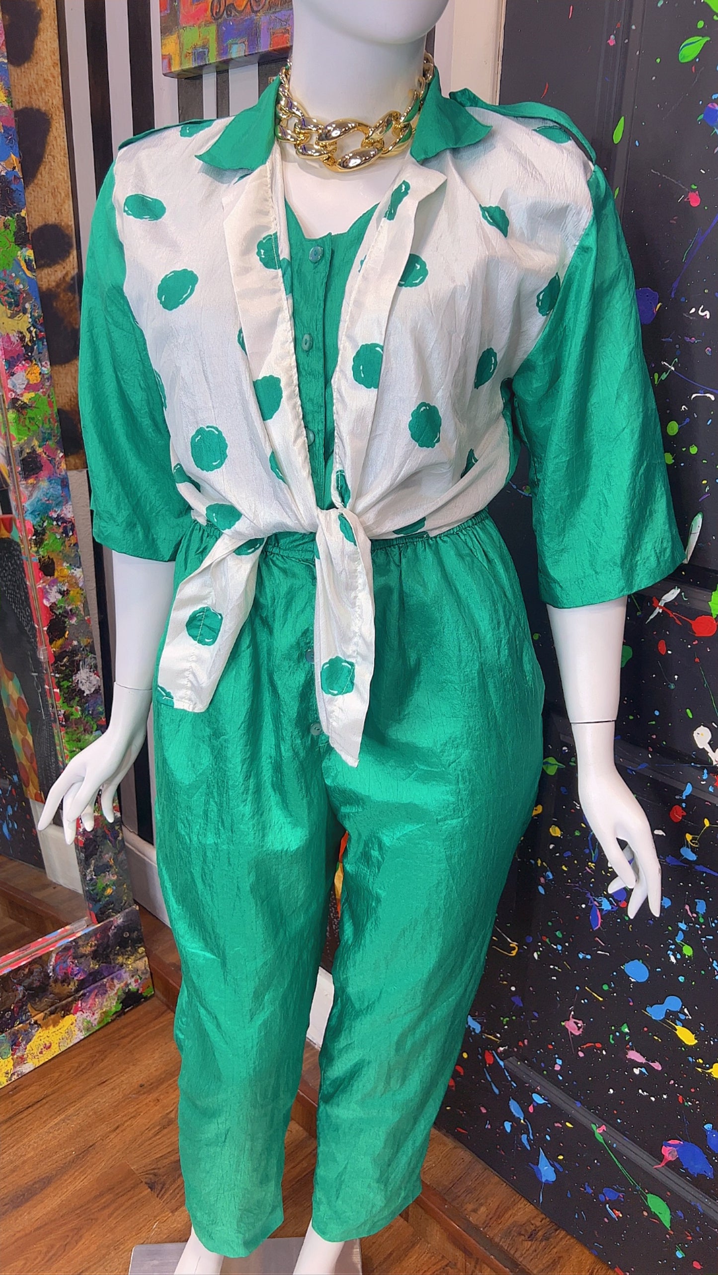 Vintage Green Jumpsuit w/ White & Green Polka Dots (14W)