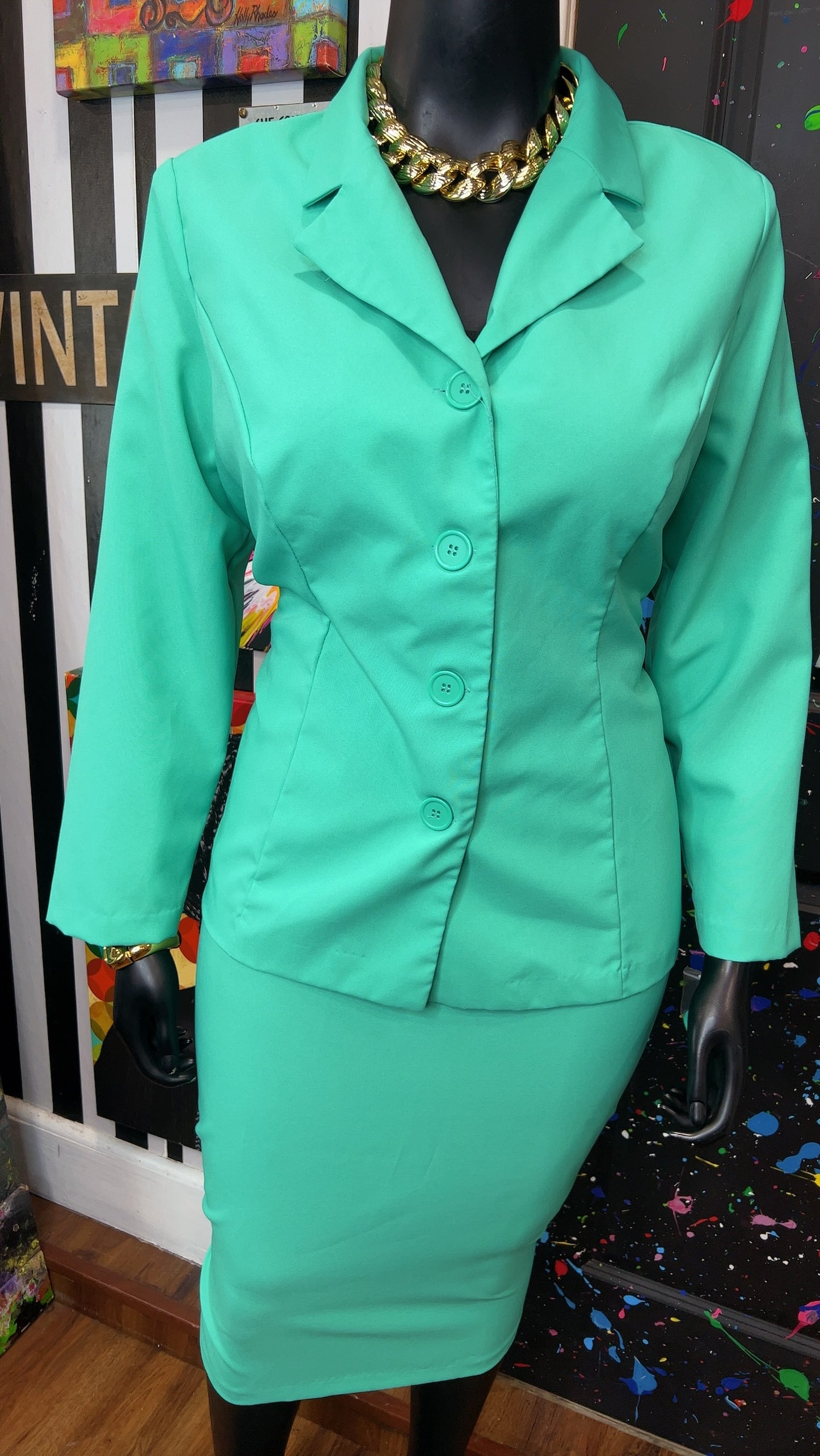 Vintage Teal Skirt & Blazer Suit (20W)