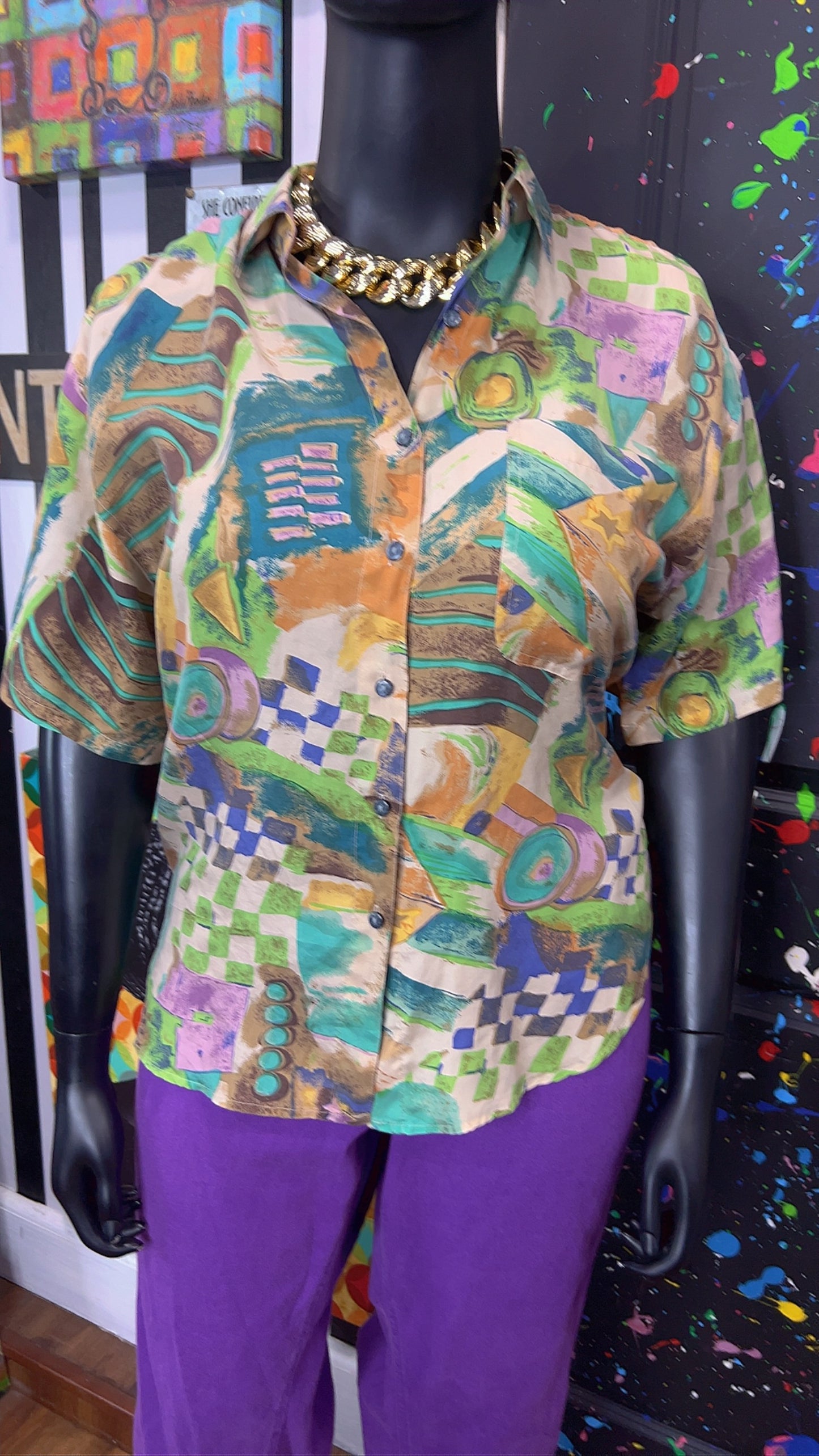 Vintage 100% Silk Abstract Blouse (16)