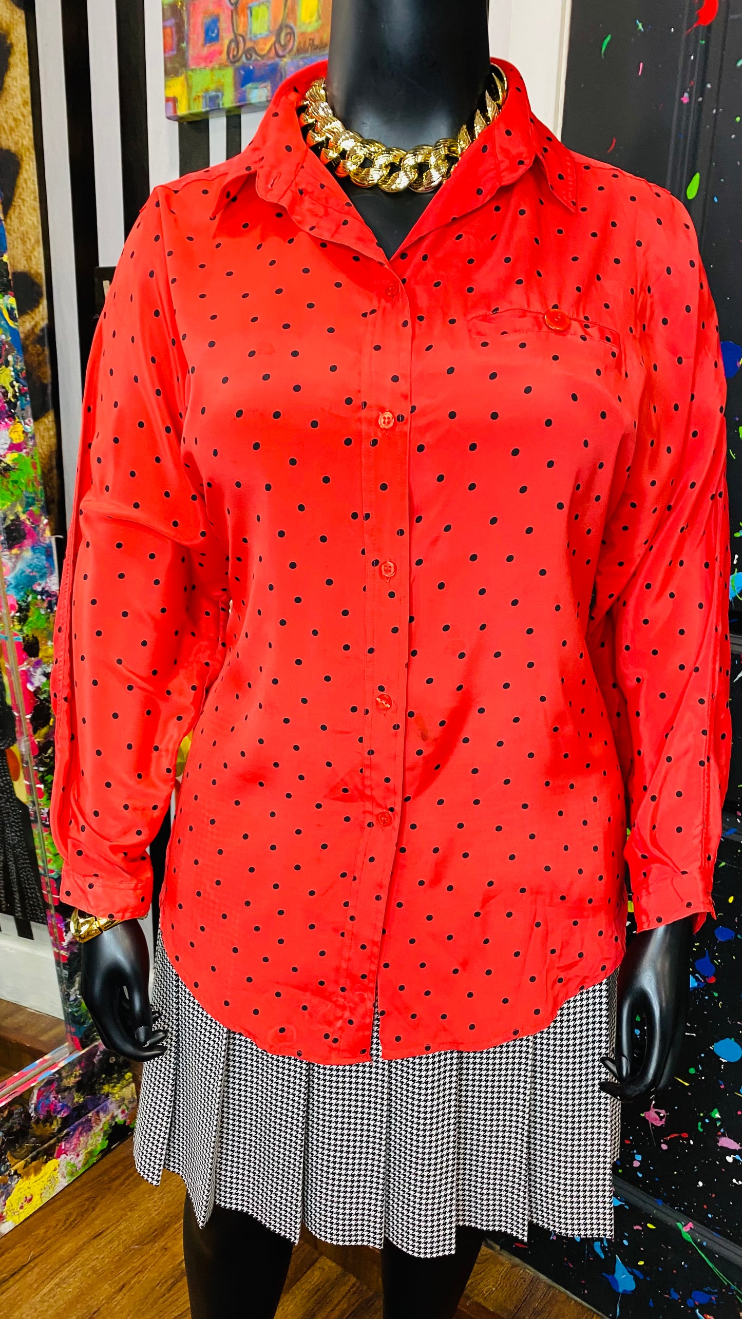 Vintage Red & Black Polka Dot Blouse (20)