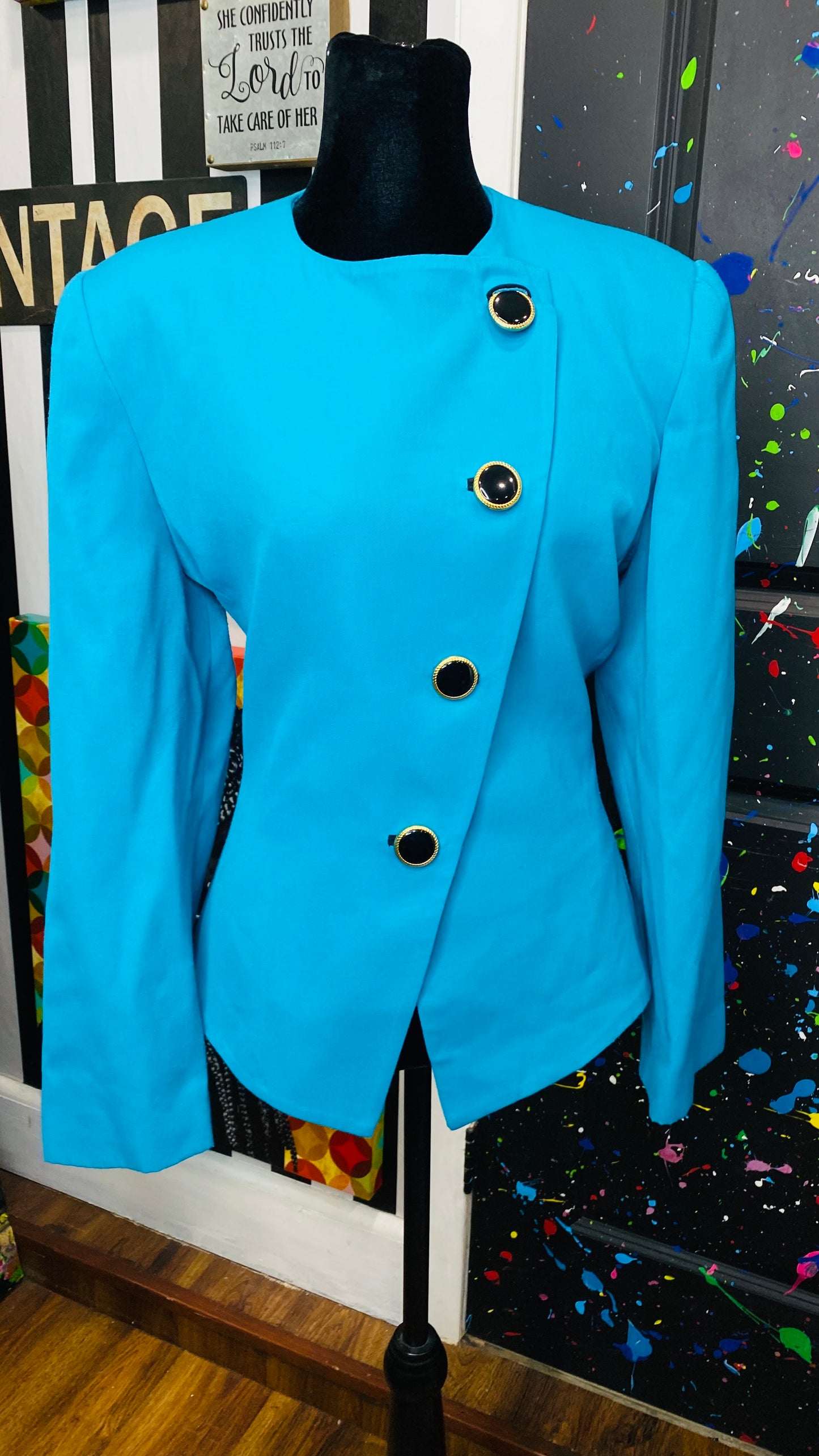 Vintage Teal Gold & Black Button Blazer (14)