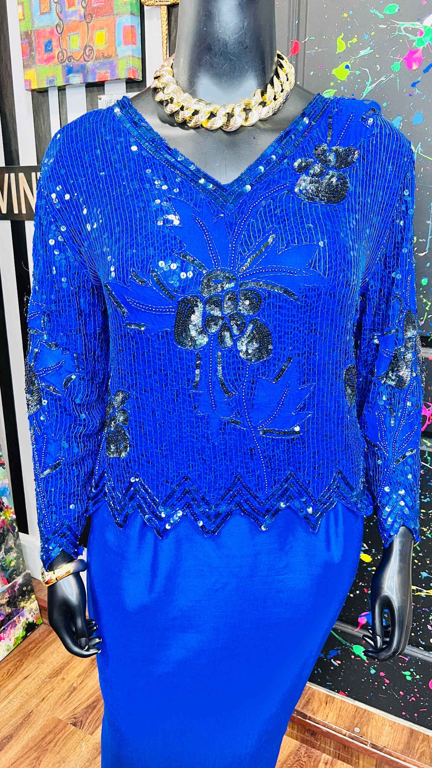 Vintage Blue & Black 100% Silk Sequin Blouse - Deadstock New w/Tags (18)