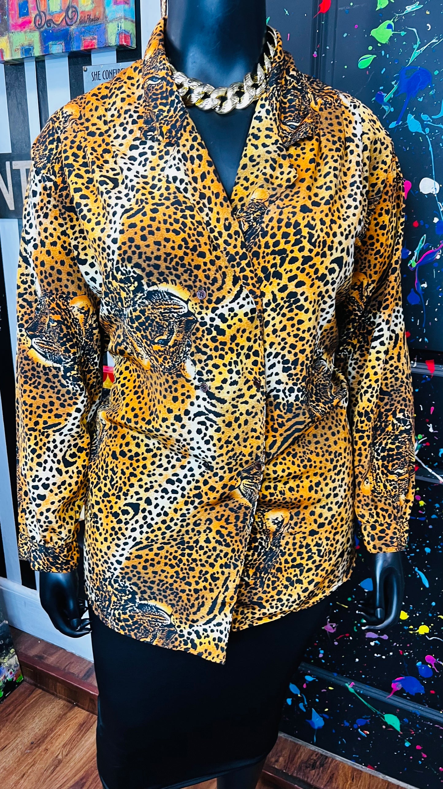 Vintage Dounle Breasted Leopard Print Blouse
