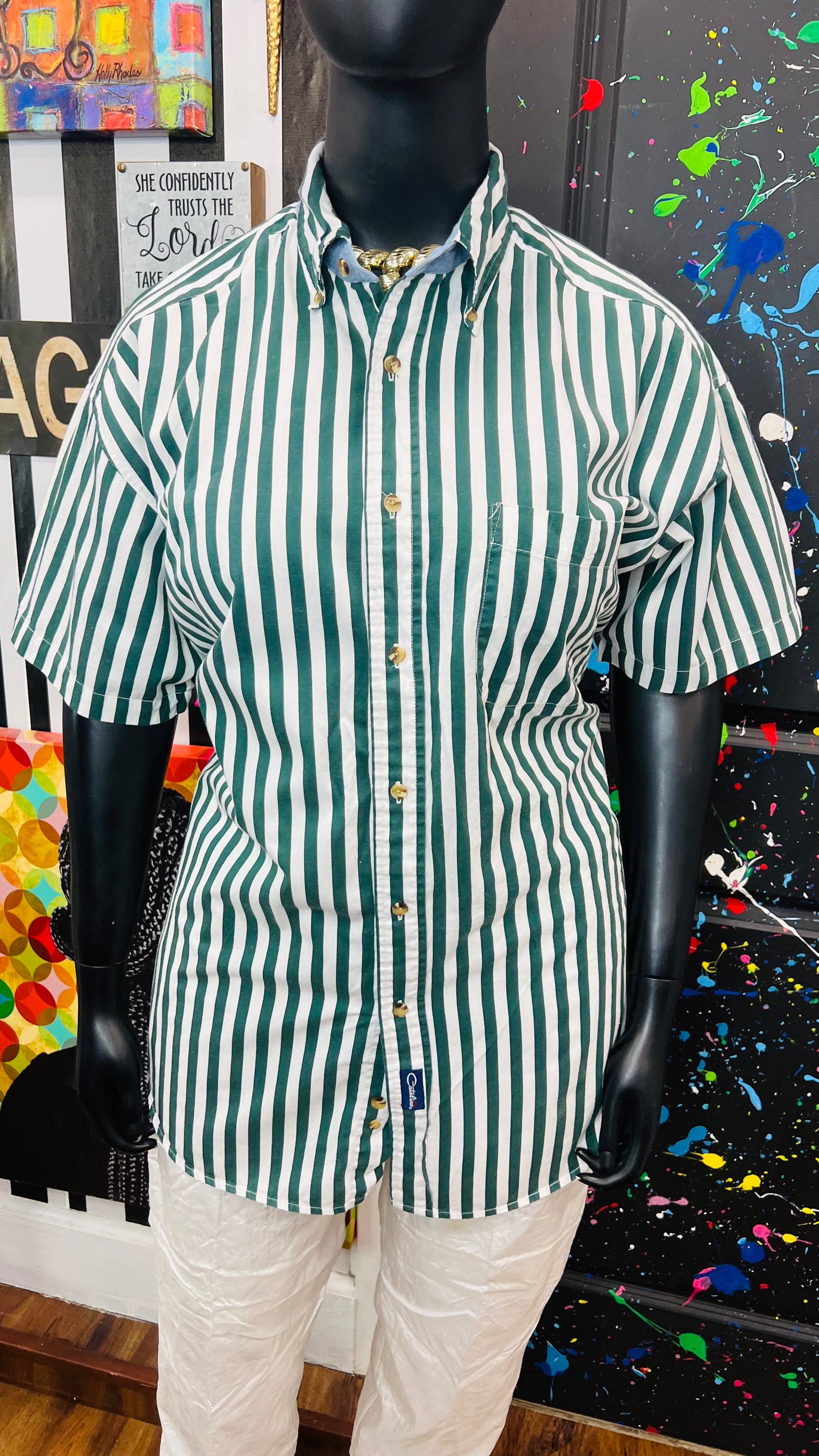 Vintage Cotton Green & White Catalina Striped Blouse (22)