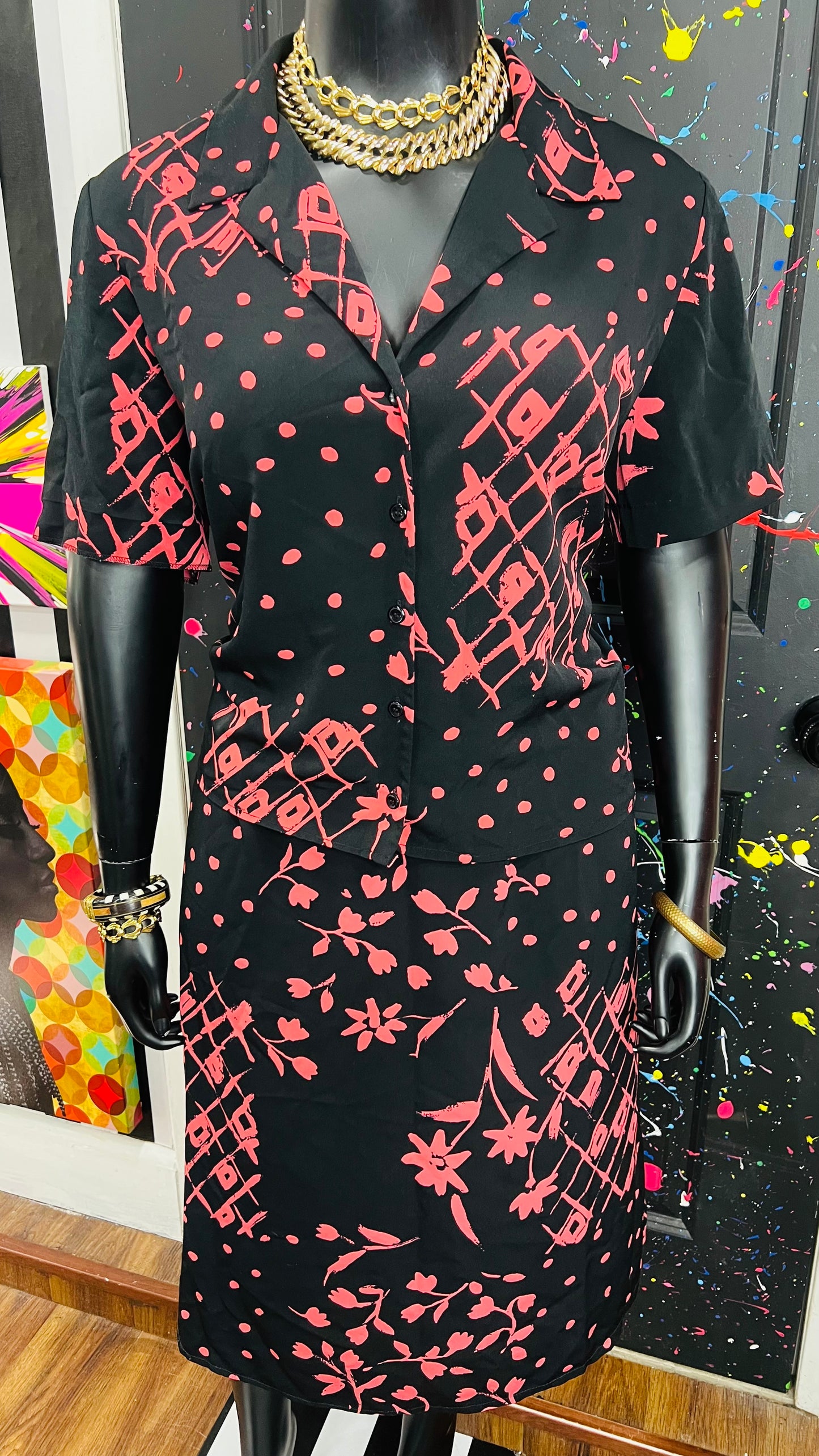 Vintage Pink, Black Polka Dot & Floral Skirt Set (18W)