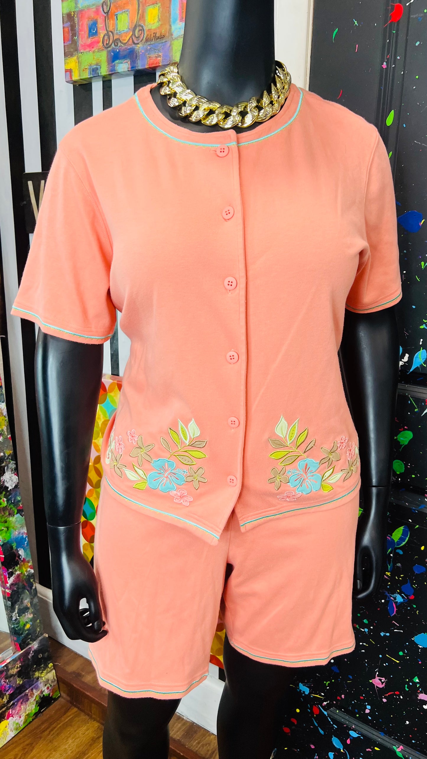Vintage Cotton Floral Peach Shorts Set (18)