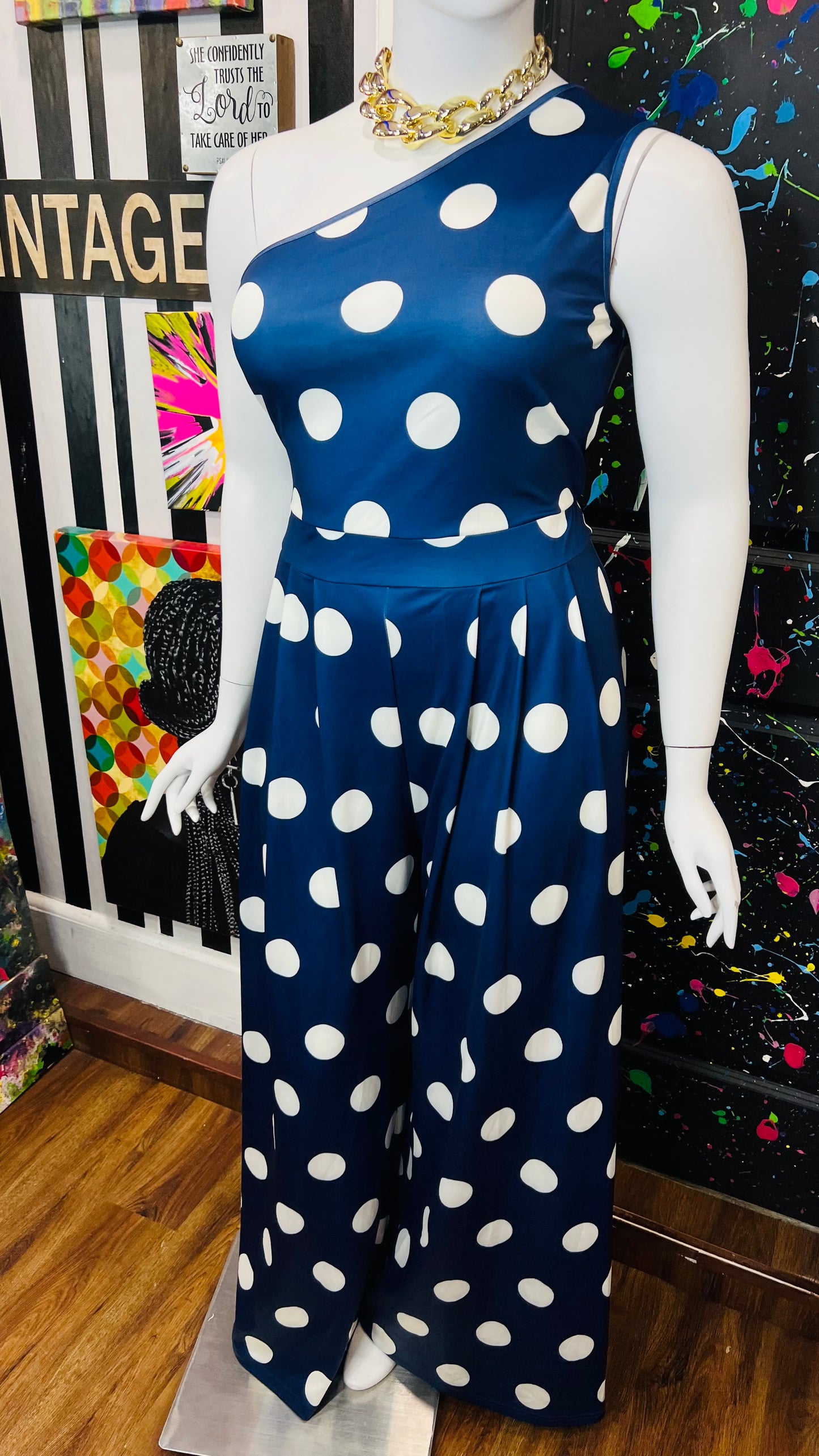 Vintage Inspired New w/ Tags Navy Blue & White Polka Dot Jumpsuit (18/20)