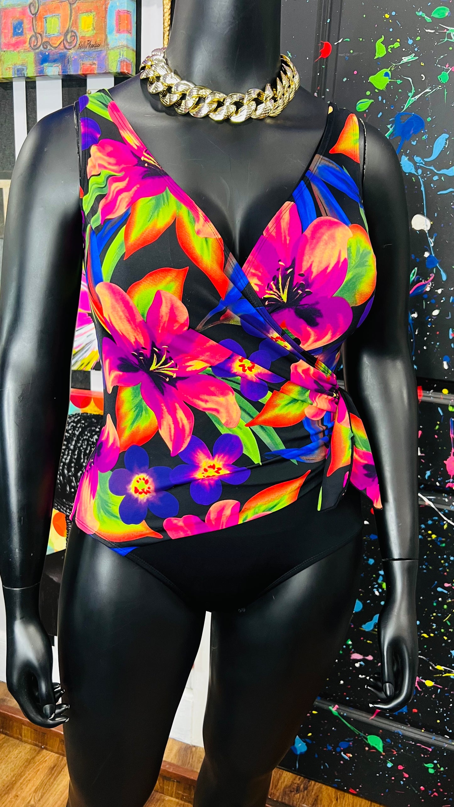 Vintage Black & Floral Neon Swimsuit (12)
